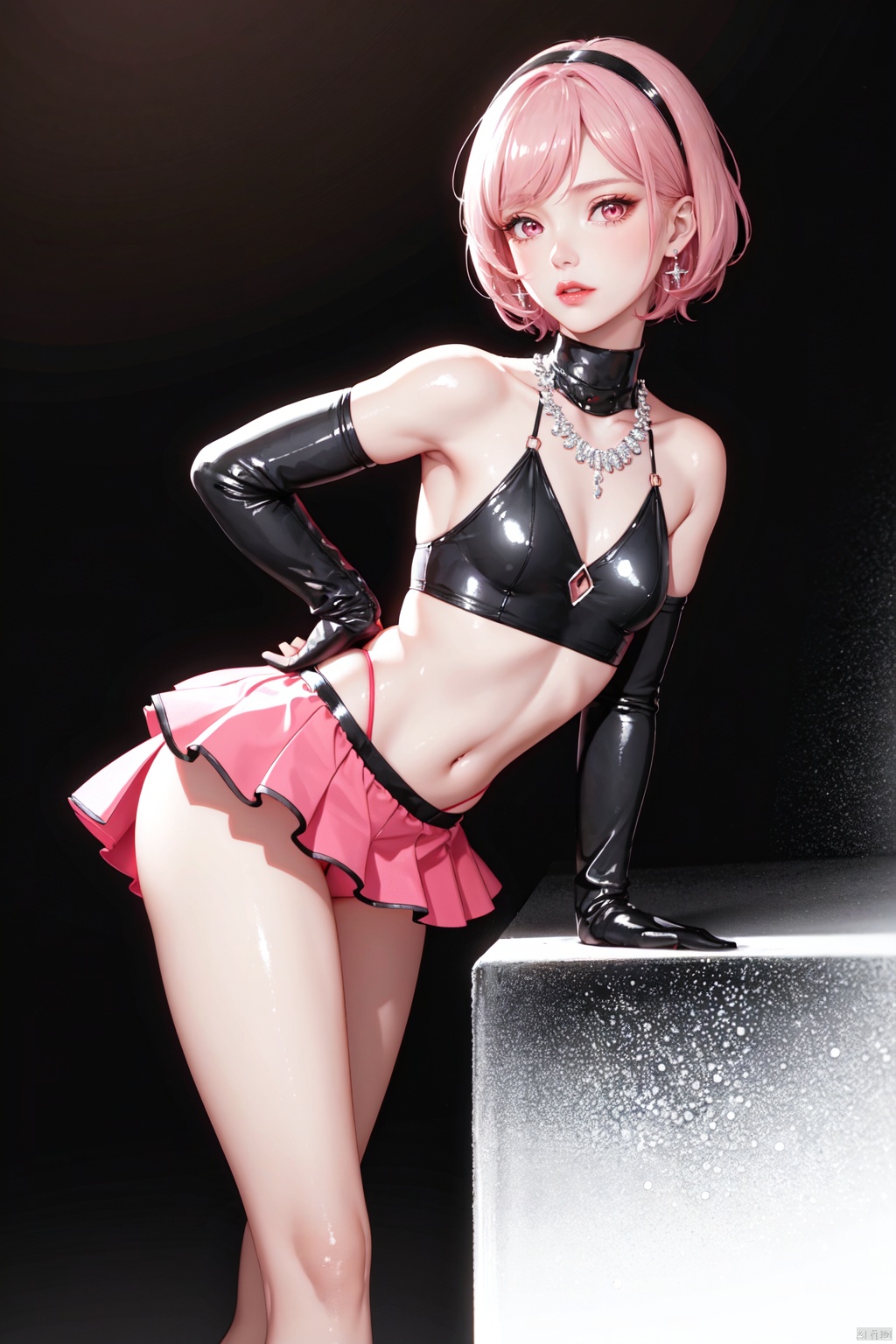 Realistic style, cinematic work, 8K wallpaper, masterpiece, very realistic quality, best quality, masterpiece, high-level, high-resolution,,,Edge lighting, dual tone lighting, soft lighting, The illuminated surface of the material has bright spots and highlights, which flicker and have a mirror effect when reflected, There are sparkling spots on the armor,,,1 girl, mature female, solo, full body, looking at viewer, lace, strong rim light, Standard proportion of female body, golden proportion of female body,,,Standing, standing posture, Sexy full body standing posture,,,,(U557, 1girl, pink hair, short hair, yellow eyes, hairband, pink eyes,swimsuit, small breasts, navel, black gloves, breasts, elbow gloves, gloves, shorts, socks,:1.2),,bare shoulders, off shoulder, black hairband, bikini bottom only, short dress, swimsuit, pleated dress, bikini, floating hair, blush, ass visible through thighs, skirt,White high-heeled shoes,:1.2),,,colorful,(detailed skin: 1.3), (detailed face: 1.3),clear focus,delicate,(mature women: 1.2),(glossy skin+glossy skin: 1.4),(sweating: 1.1),(big_eyes),red_ eyeshadow,long_ Eyelashes, red lips,,,simple background, grey background,,,(Diamond hair accessories, diamond necklaces, diamond earrings, diamond earrings, clothes embedded with diamonds, armor embedded with diamonds,:1.3),, hufeng, duosaitejun, devil, hanfu, z28, z26, z25, Z20, Z19, U557<lora:EMS-328440-EMS:0.200000>