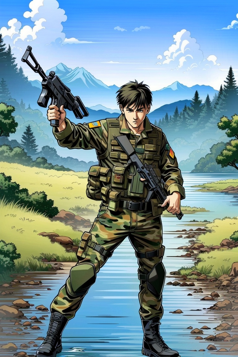 ((HRD, HUD, 8K)),((masterpiece, best quality)), highly detailed,Fight, camouflage, weapon, male focus, military, gun, boots, 1boy, black hair, holding, holding weapon, outdoors, uniform, military uniform, holding gun, rifle, combat boots, day, sky, assault rifle, sleeves rolled up, short hair, mountain, solo, pants, camouflage jacket, knee pads, tree, nature, water, cloud, kicking, camouflage pants, <lora:20240514-1715656820714:0.8>