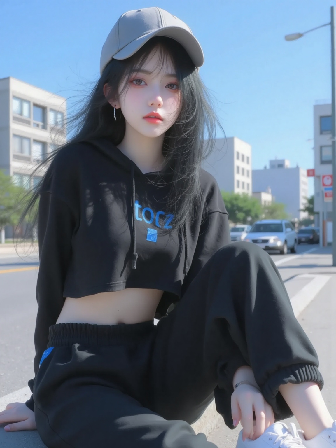 This photo is a highly detailed digital artwork depicting an eye-catching young woman. A young woman with East Asian features sits on a city street under a bright blue sky. She has long straight black hair hanging over her shoulders, fair skin with a slight pinkish tint. Her large expressive eyes and luscious lips are slightly painted with red lipstick.She is dressed in a casual sportswear outfit, including a black crop hoodie with a belly-baring cut design, and a similarly colored loose high-waisted pant. She wears a gray baseball cap. Her attire is complemented by white sneakers and accented in blue.