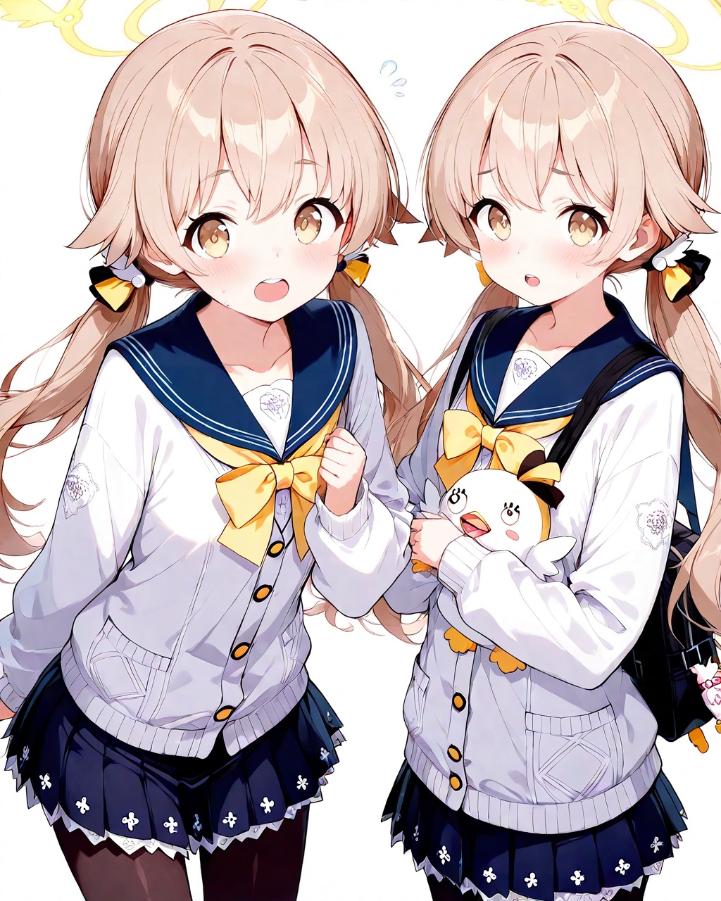 O,ultra detailed anime texture,1girl, hifumi (blue archive), twintails, halo, pantyhose, solo, skirt, looking at viewer, open mouth, white background, blush, low twintails, school uniform, simple background, black pantyhose, sailor collar, long hair, bag, hair between eyes, blue skirt, bangs, yellow eyes, long sleeves, light brown hair, teeth, pleated skirt, upper teeth only, brown eyes, yellow bow, blue sailor collar, bow, collarbone, hair ornament, stuffed toy, white cardigan,(UHD),anatomically correct,accurate,textured skin,super detail,high details,award winning,best quality,high quality,retinal,HD,16k,1080P,