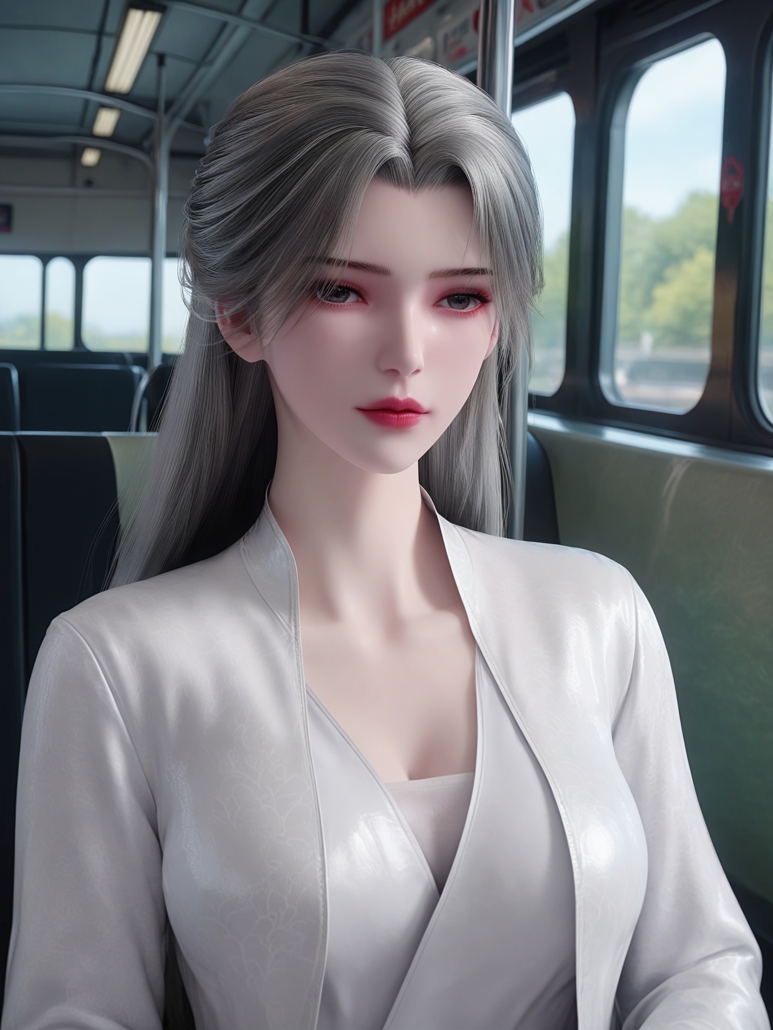 solo,1girl,//,BREAK fair_skin,white_skin,shiny_skin,Ivory_skin,solo focus,(perfect_face:1.2),(perfect_anatomy:1.1),(upper_body:1.2),(portrait:1.1),large breasts,sitting,(train_interior:1.1),(blurry_background:1.2),score_9,<lora:仙逆-李慕婉白衣Pony:0.7>,1girl,long,straight silver hair,wears a Well fitting white,high-collared kimono with intricate,subtle embroidery,