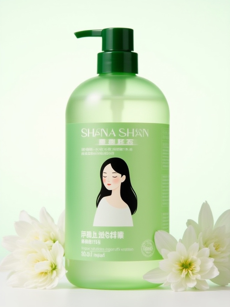 mztsas,A green plastic bottle with a pump dispenser, featuring an illustration of a woman with long black hair, closed eyes, and a peaceful expression. The label on the bottle reads "SHAN A SHAN" in white lettering. The background is a soft, white gradient. The bottle is placed on a white surface, with a few white flowers in the background. The image has a minimalistic, clean design with a focus on the woman's face and the text.<lora:S-T-美妆场景-S1.3:1>
