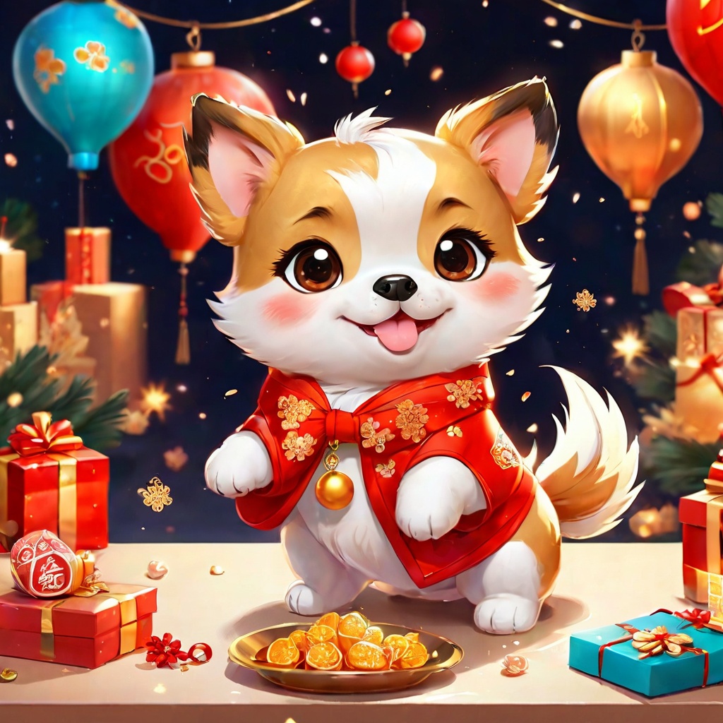 dog,cute,poakl cartoon newyear style,best quality,masterpiece,<lora:poaklSDXLcartoonnewyearV2-000007:0.6>,