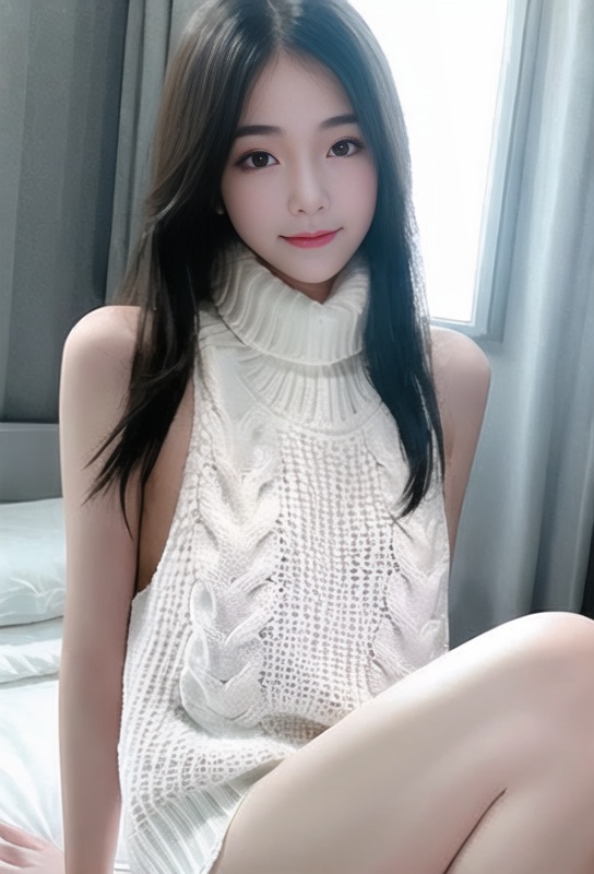 1girl, sweater,backless,white,sitting on bed,indoors, upper body, looking at viewer,   <lora:taiwanDollLikeness_v15:0.7> <lora:sweater:0.8>