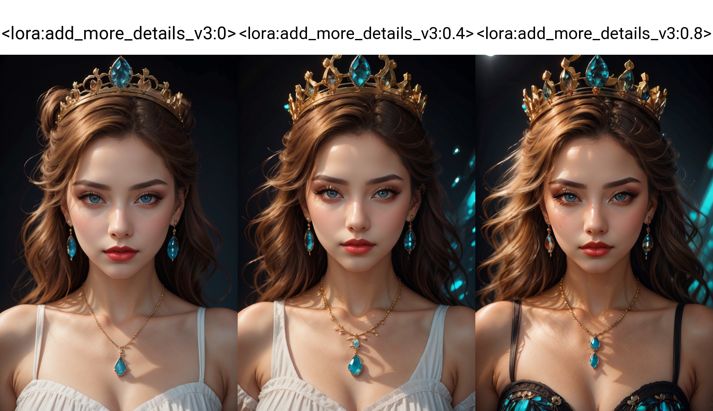 (best quality, 4k, 8k, highres, masterpiece:1.2), ultra-detailed, (realistic, photorealistic, photo-realistic:1.37), 1girl,long hair,looking at viewer,blue eyes,blonde hair,simple background,jewelry,closed mouth,upper body,earrings,necklace,lips,eyelashes,makeup,crown,black background,gem,realistic,red lips,blue gemstone,red gemston <lora:add_more_details_v3:0>