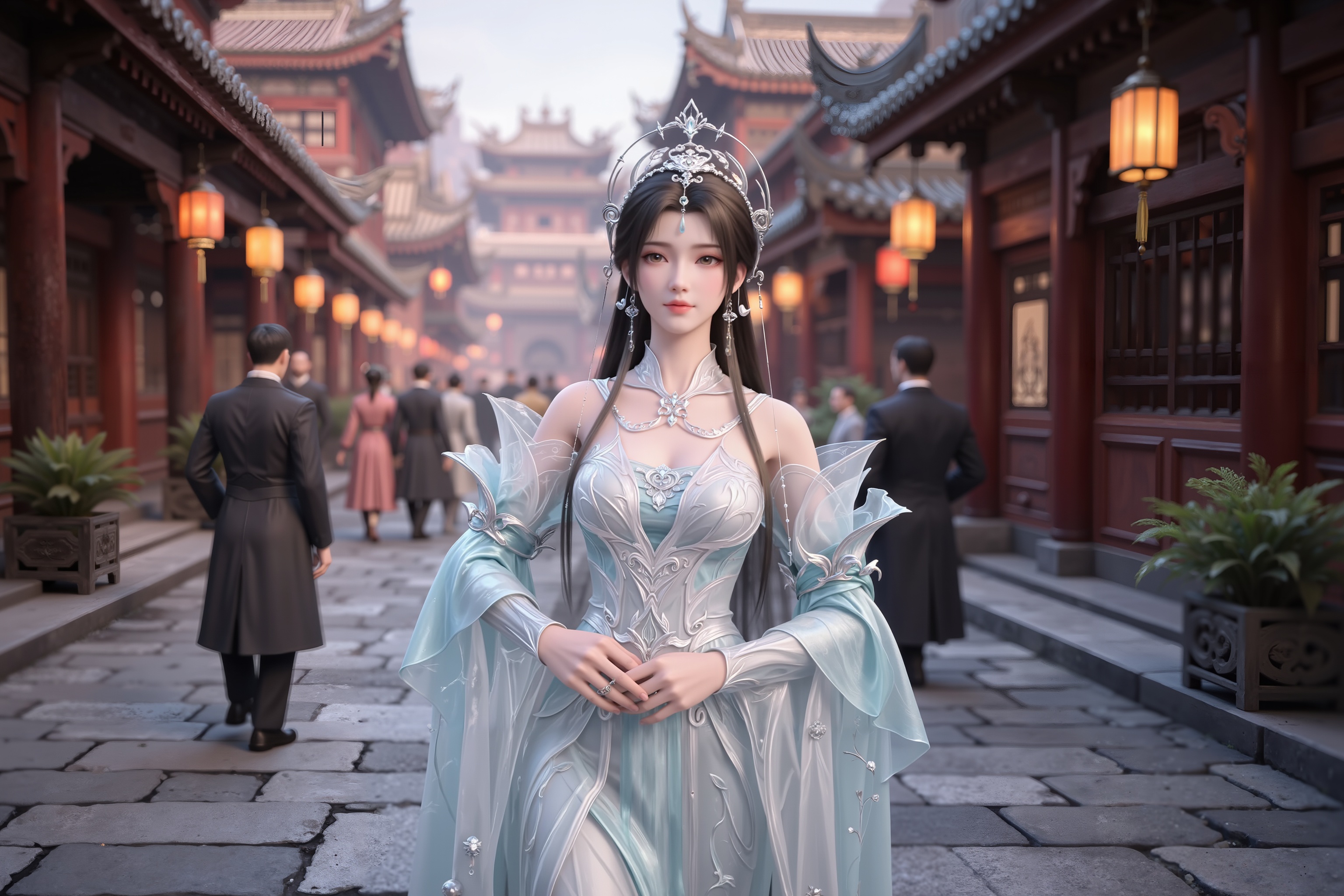 <lora:清漪·新建模6:1.1>,qingyi,n "Perfect World",Qingyi,dressed in a magnificent white dress,strolls leisurely among the streets of an ancient Chinese city filled with the hustle and bustle of daily life. Her temperament is extraordinary and refined,as if a fairy has descended to the mortal world,perfectly blending with the ancient charm of the ancient city to form a breathtakingly beautiful picture that intoxicates the heart.,<lora:DJ滤镜_2.5D版:0.2>,lvjing,<lora:油画唯美滤镜15:0.3>,baoshi,