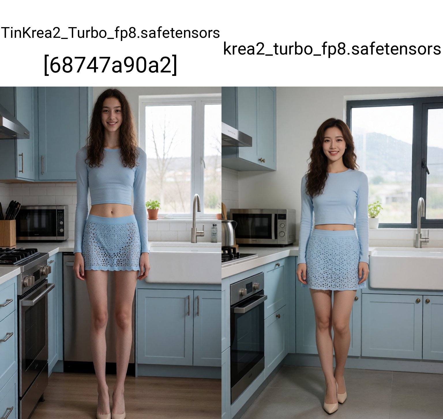 一位年轻的亚裔女性,  年龄估计在20至25岁之间,  自信地站在现代风格的厨房中。她一头棕色长卷发自然垂落在肩上。她身穿浅蓝色长袖修身露脐上衣和同色系镂空迷你裙。纤细的双腿在裸色高跟鞋的衬托下更显修长。她面带温暖亲切的笑容 on Tensor...