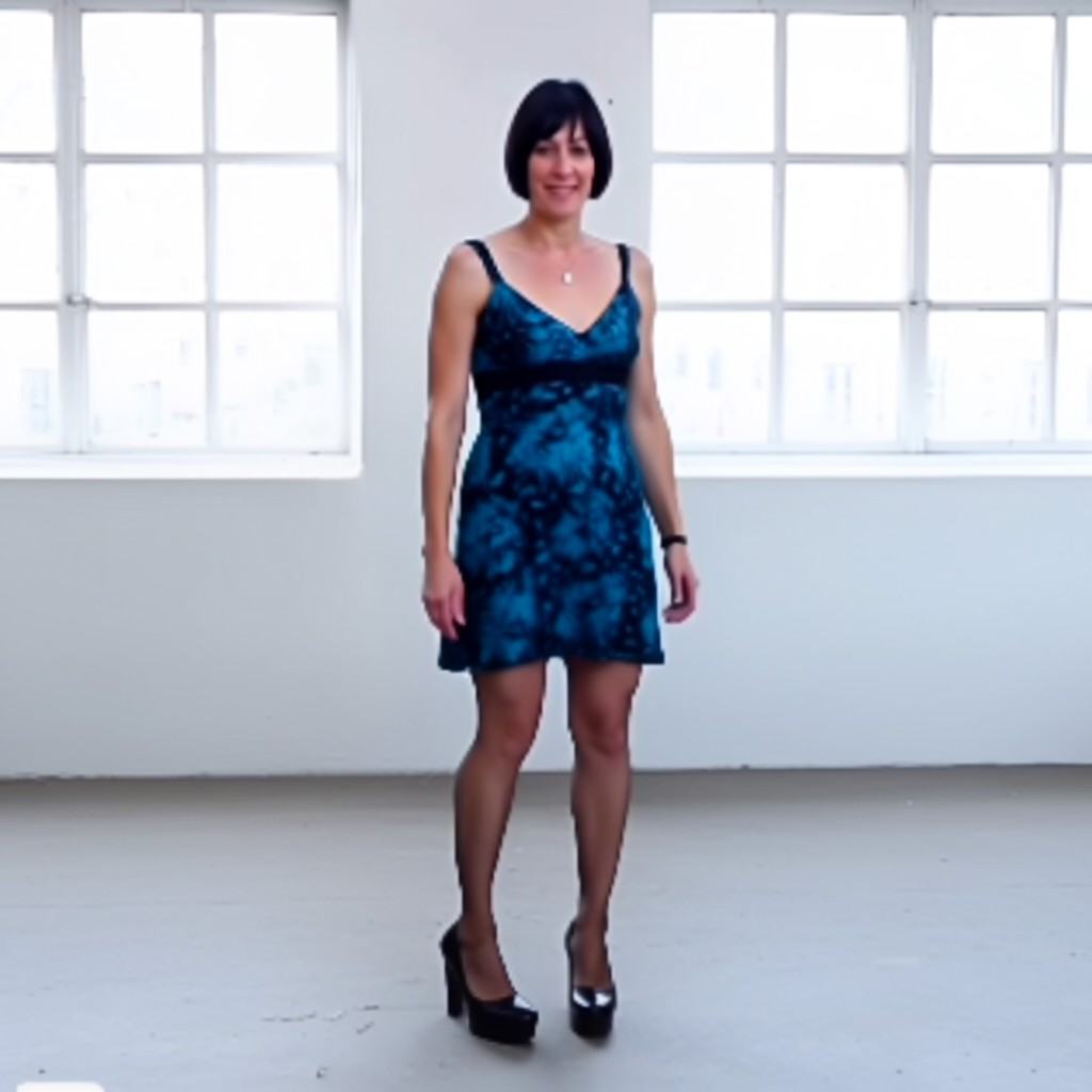 The image is a photograph of a woman standing in a minimalist,  brightly lit room with two large,  white-framed windows in...