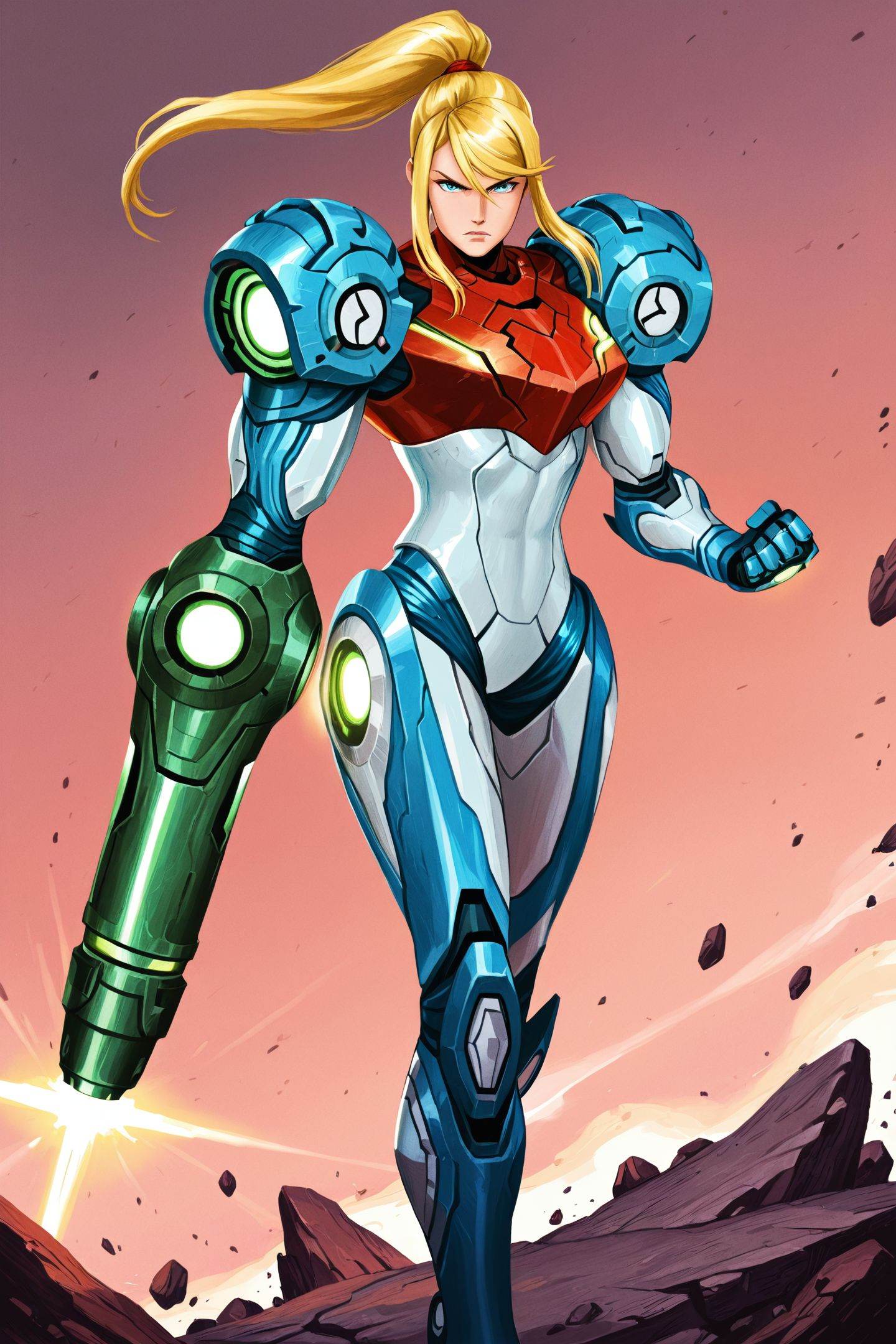 ami thompson Style Type-II,1girl,samus aran,arm cannon,blonde hair,weapon,solo,blue eyes,armor,power armor,power suit,simple background,looking at viewer,ponytail,standing,long hair,clenched hand,sidelocks,serious,rock,<lora:ami thompson_illustriousXL:1>,