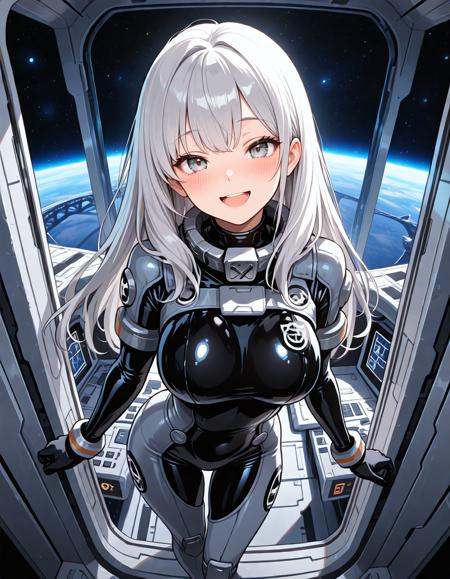 (masterpiece, best quality), 1 girl, blush, silver long hair, gray eyes, (large breast:0.6), smile, open mouth, Spaceship Crew outfit, body suit, standing, Spaceship bridge, control panel, large window, in the space, look at viewer, from above