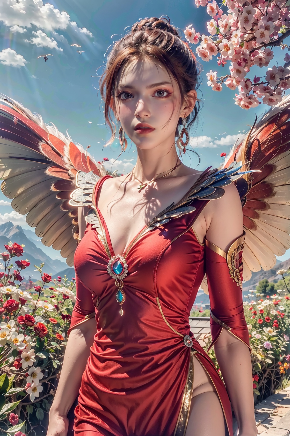 (8k, RAW photo, best quality, masterpiece:1.2),(realistic, photo-realistic:1.1),ultra-detailed,extremely detailed cg 8k wallpaper,(crystalstexture skin:1.4),(extremely delicate and beautiful), solo,,(((wings, feathered_wings,))),1girl,portrait,solo,(smile),(red eyes,glass slipper ),earrings,jewelry,closed mouth,,smile,collarbone,red lips,(white skin),outdoors,detached sleeves,perfect hand,hs,(fantastic scenery, Rainbow, Sky,cherry blossoms,flowers,butterfly,mountain,spring \(season\), ,arm behind back,((looking at viewer)), 1girl,,  flower_field, lips, (phoenix, dress, red_dress,embers, fiery_wings, feathered_wings, short hair, ),   <lora:mxt:0.5>, 