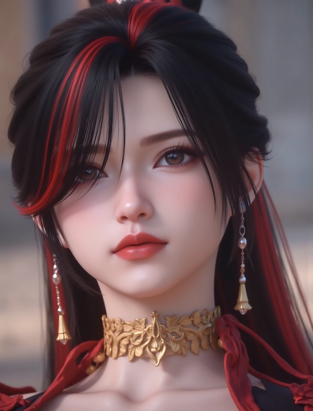 , ultra-high resolution,32K UHD,sharp,,close ,face portrait,,small breasts,small breasts,small breasts,small breasts,small breasts,small breasts, <lora:赵襄儿flux-lora-000013:1>1girl, zhaoxianger, solo, portrait, realistic, black hair, multicolored hair, earrings, jewelry, streaked hair, long hair, blurry background, blurry, red hair <lora:滤镜flux-lora-000020:0.4> lvjing