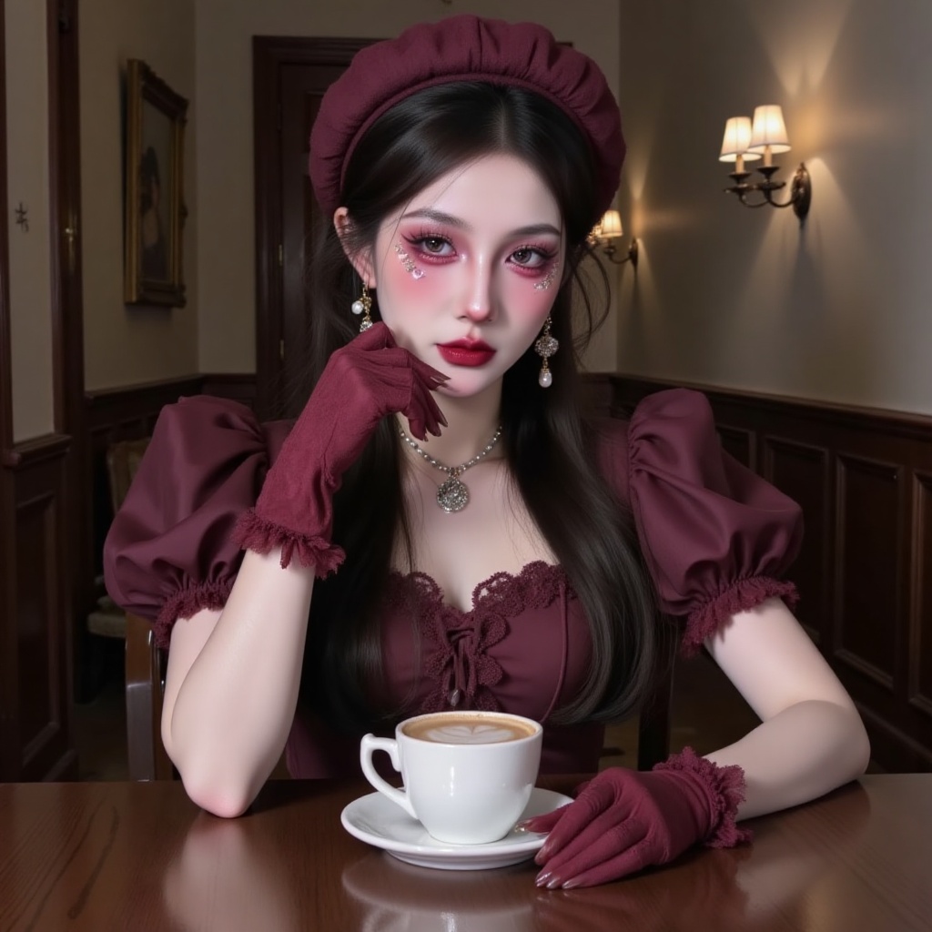 A girl leaned in front, wearing delicate makeup, a burgundy princess dress, vintage red velvet gloves, and a beret. She lazily sat at the coffee table, reaching out for her coffee. Taken with a camera, masterpiece, high-definition,