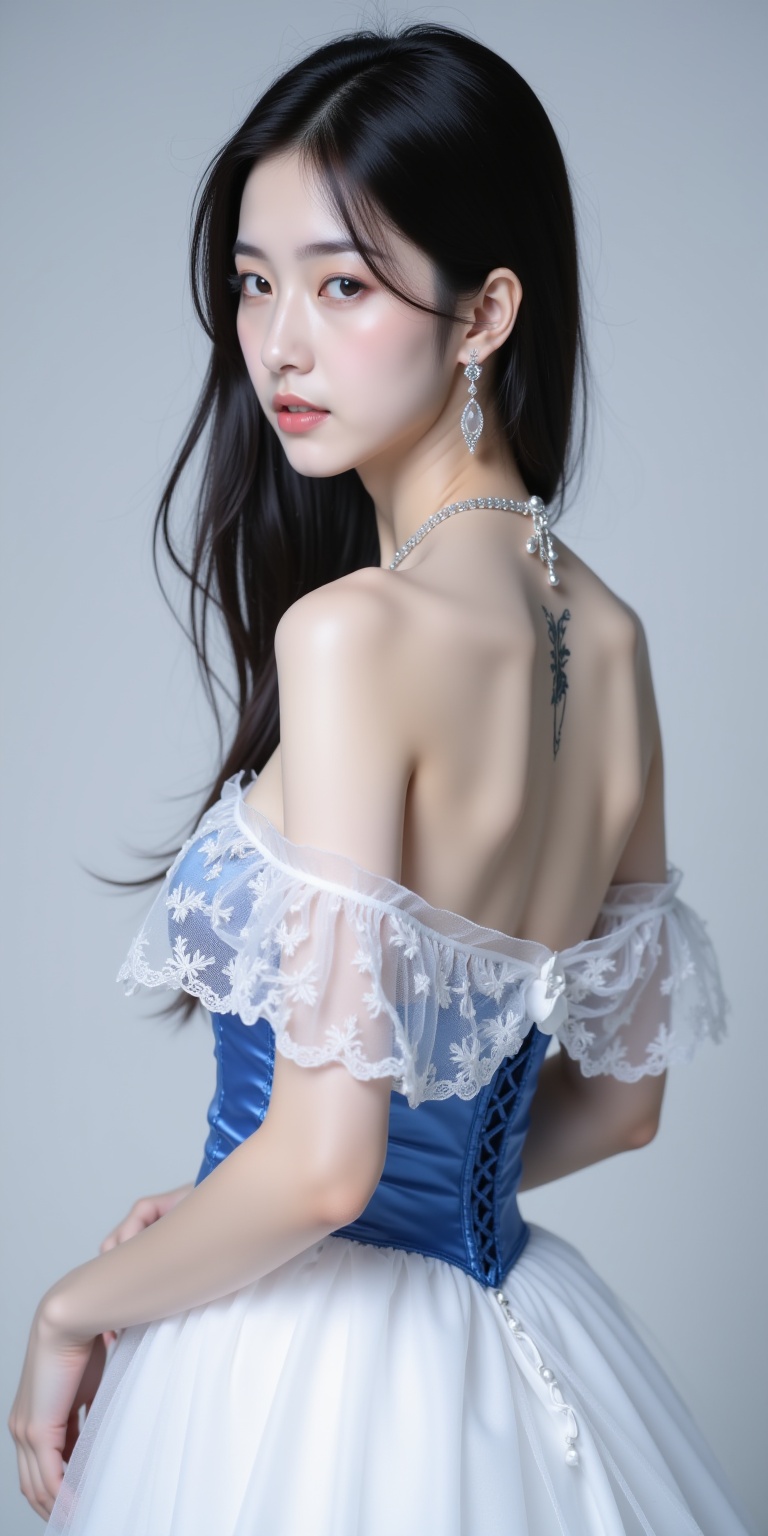 A photograph of a slender,fair-skinned Asian woman with long,straight black hair. She wears a strapless,white gown with a blue corset and sheer,floral-patterned overlay. Her back is partially exposed,revealing a delicate tattoo. She accessorizes with a choker and earrings. The background is a plain,light gray.,<lora:flux-lora_极品1-3:1>,