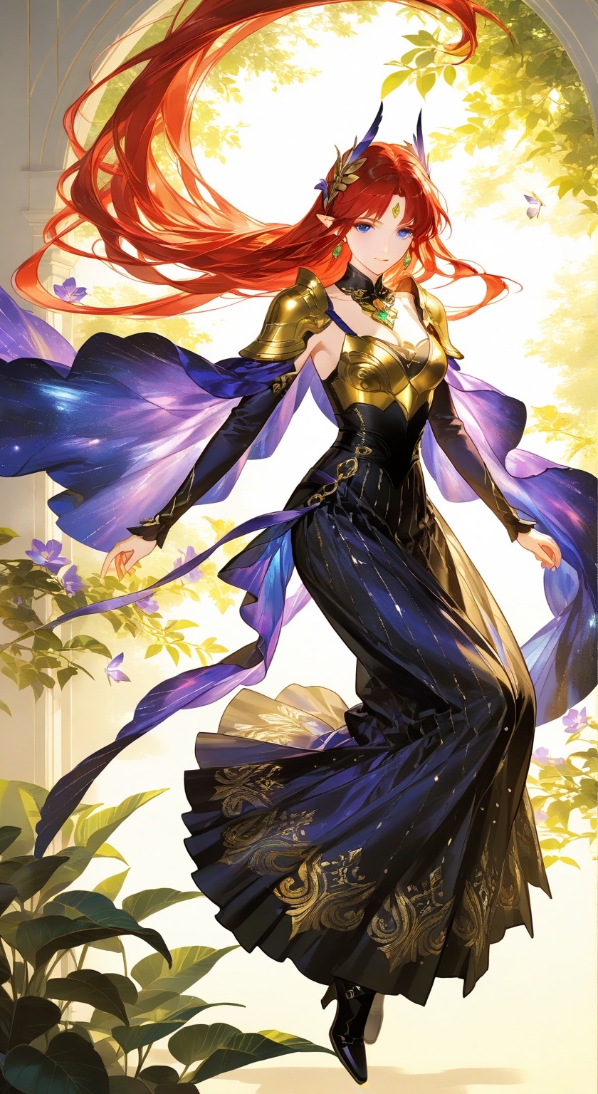 ZF,zxww,A red - haired woman with delicate features has her long hair cascading over her pointed shoulders. She has calm eyes and wears a gorgeous golden gemstone hair ornament. She is dressed in a white - toned fantasy - style long dress adorned with golden patterns, blue trimmings and colorful gemstones, and there are metal armor decorations on her shoulders. The background is a lush forest, distant mountains and purple flowers and plants. The sunlight filters through the leaves to form beautiful light and shadows. The overall color is bright, with a style between fantasy and classical, high in detail, 8K ultra - high definition, with a soft - focus effect and rendered by Unreal Engine, with movie - level lighting.