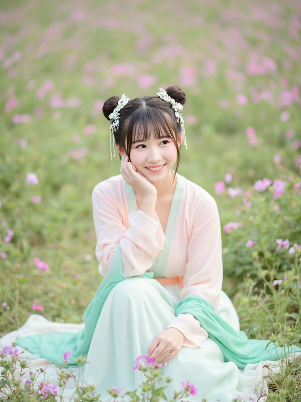 The photograph captures a young East Asian woman seated in a lush field of blooming flowers. She is dressed in traditional attire, with a flowing, pastel-colored dress in shades of white, pale pink, and mint green. Her outfit is adorned with intricate embroidery and delicate lace trim, adding a touch of elegance. Her hair is styled in two neat, high buns, secured with ornate hairpins, and she wears a traditional headpiece with a floral design. The woman is seated on a blanket, with her back slightly bent, and her right hand resting on her cheek, while her left hand gently holds a delicate, light green fabric. She gazes into the distance with a serene expression, exuding a sense of calm and contentment. The background is a blur of vibrant flowers in shades of pink, purple, and white, creating a dreamy, ethereal atmosphere. The soft, diffused lighting bathes the scene in a gentle, natural glow, enhancing the tranquil and ethereal quality of the image. The overall mood is one of peace and serenity, with a hint of traditional beauty and elegance.