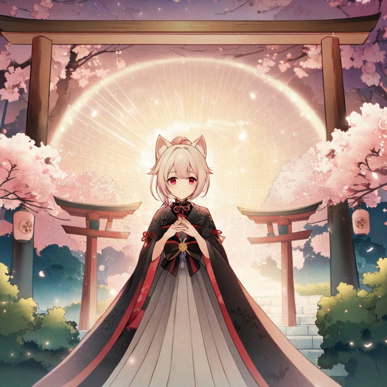 (((masterpiece))),(illustration:1.3),(((best quality))),amazing,detailed unity 8K CG wallpaper,ultra detailed,((1 14_years_old girl:1.1)),((fox girl)),(fox_ears),cowboy shot,long delicate_and_intricate white hair and white marble glowing skin,beautiful pony_tail,beautiful glowing red eyes,delicate_and_intricate face,flowers on face,growth,nature,beautiful face,zoom in on eyes,standing,smile,(shy),(gorgeous [Gothic_Lolita:kimono:0.6] chiya),super detailed clothes,(extremely detailed background),torii,garden,stone brick road,fallen sakura_petals,pink_sakura_trees,spring,detailed sky and cloud,best lighting,sunburst,outline_shadow,incredibly_absurdres,<lora:GI.inazuma-fp8-lokr:1>,