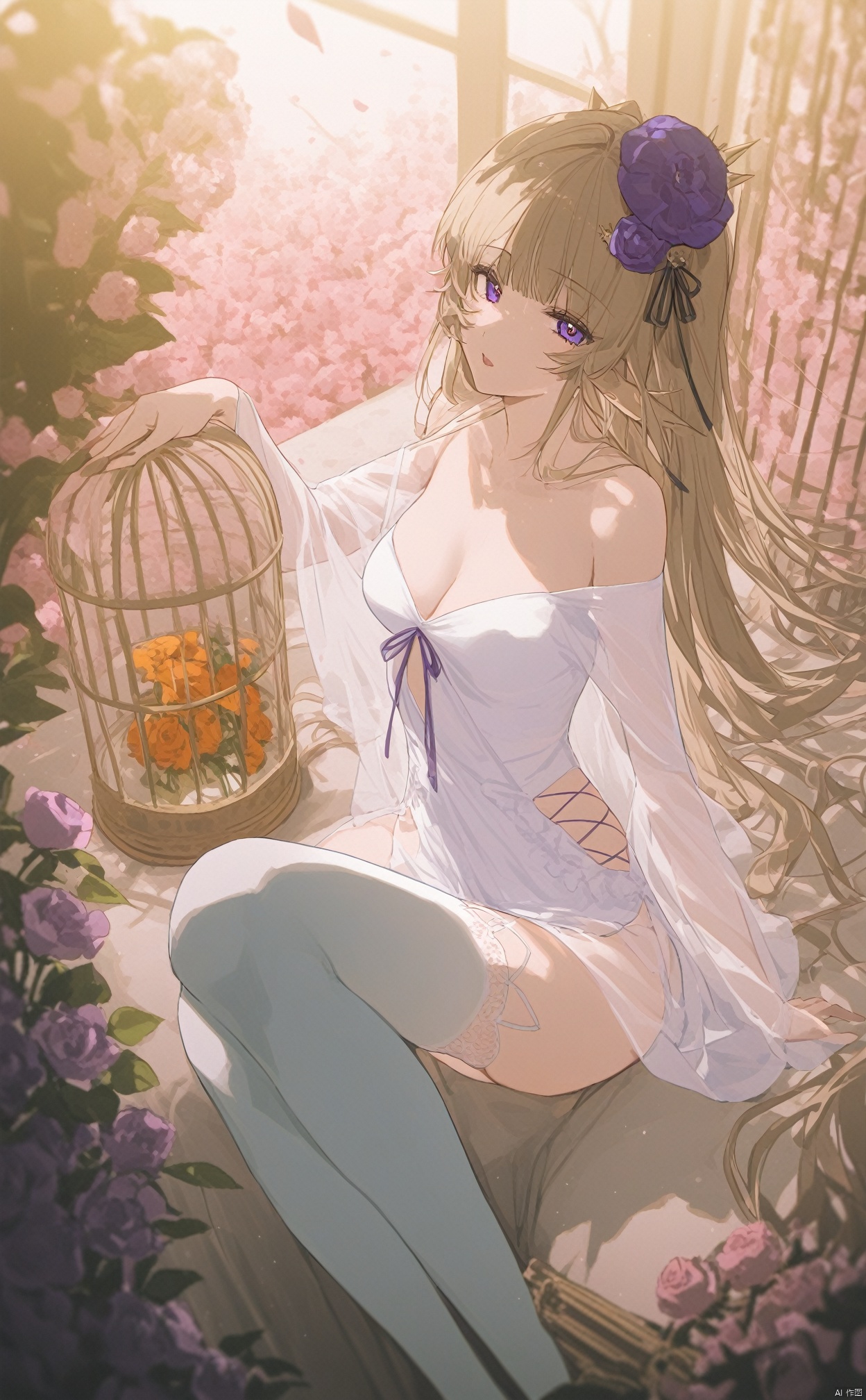 masterpiece, best quality, high quality, (colorful), nai3 Style, loli,1girl, solo, dress, purple eyes, birdcage, flower, thighhighs, cage, white dress, blurry foreground, long hair, see-through sleeves, blurry, looking at viewer, white thighhighs, sitting, blue flower, green hair, window, depth of field, see-through, hair ornament, pink flower, orange flower, parted lips, bare shoulders, purple flower, high heels, light brown hair, rose, open mouth, garden, hand on own head, off-shoulder dress