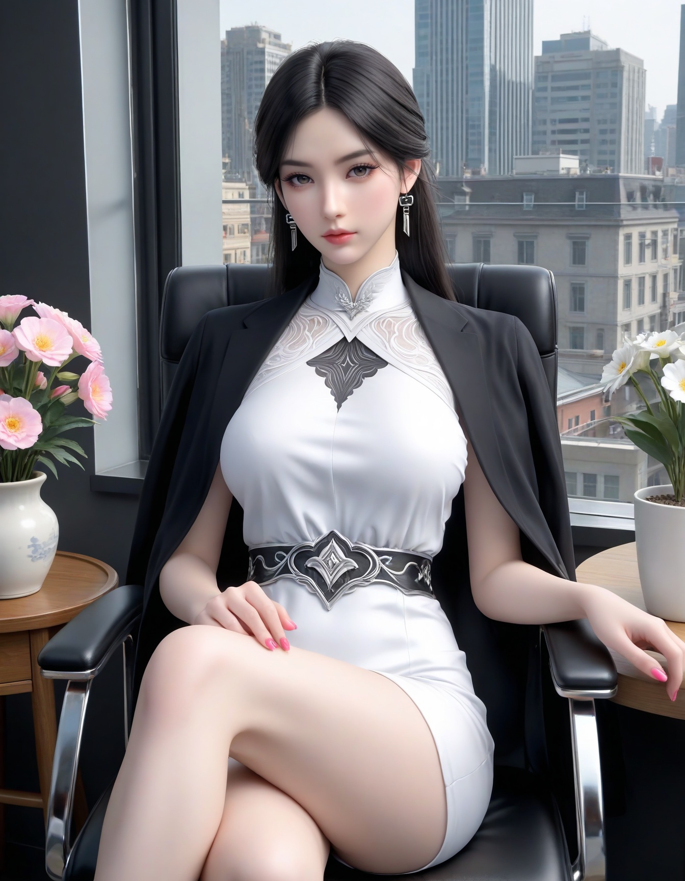 masterpiece,ultra-HD,photorealistic,high detail,best quality,8k,best quality,sharp focus,1girl,SFXuanYi,breasts,large breasts,looking at viewer,lipstick,white dress,black hair,open jacket,makeup,eyelashes,pink nails,solo,full shot,cowboy shot,chair,sitting,window,indoors,cross legs,flower flower pot,city,<lora:SF_ZhaoQingHan_IL_Real_v50-000004:0.7>,