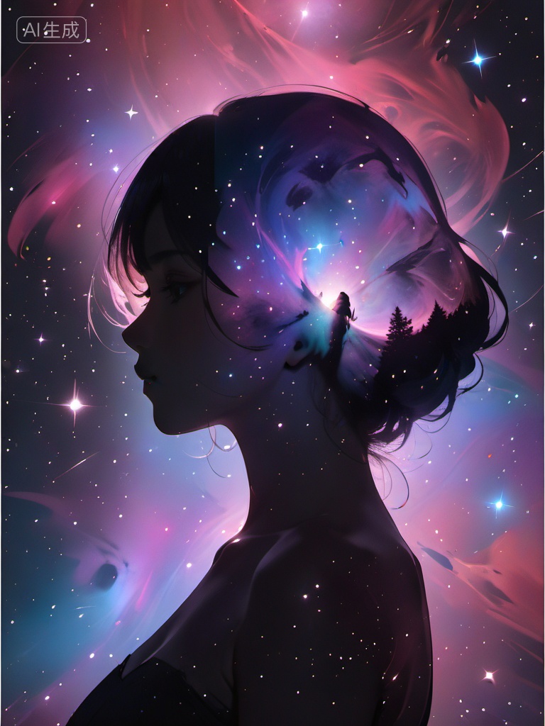 universe sky,silhouette and double exposures,masterpiece,best quality,8K,ultra-high resolution,, silhouette of a girl's side profile,, silhouette made of celestial bodies stars galaxy star \(sky\),dark background,, Negative prompt: ng_deepnegative_v1_75t,(badhandv4:1.2),EasyNegative,(worst quality:2),,nsfw, Steps: 30, Sampler: Euler a, CFG scale: 7.0, Seed: 205072966, Size: 768x1024, Model hash: ee1fdc86f7, Model: GhostXL_V1.0-Baked VAE.safetensors, Denoising strength: 0, RNG: CPU, Lora 1: AS Unusual 异常集, Lora Hash 1: 2a7bd47d16, Lora Weight 1: 0.8, Lora 2: 剪影多重曝光, Lora Hash 2: 7286cfad18, Lora Weight 2: 0.5, vae_name: automatic