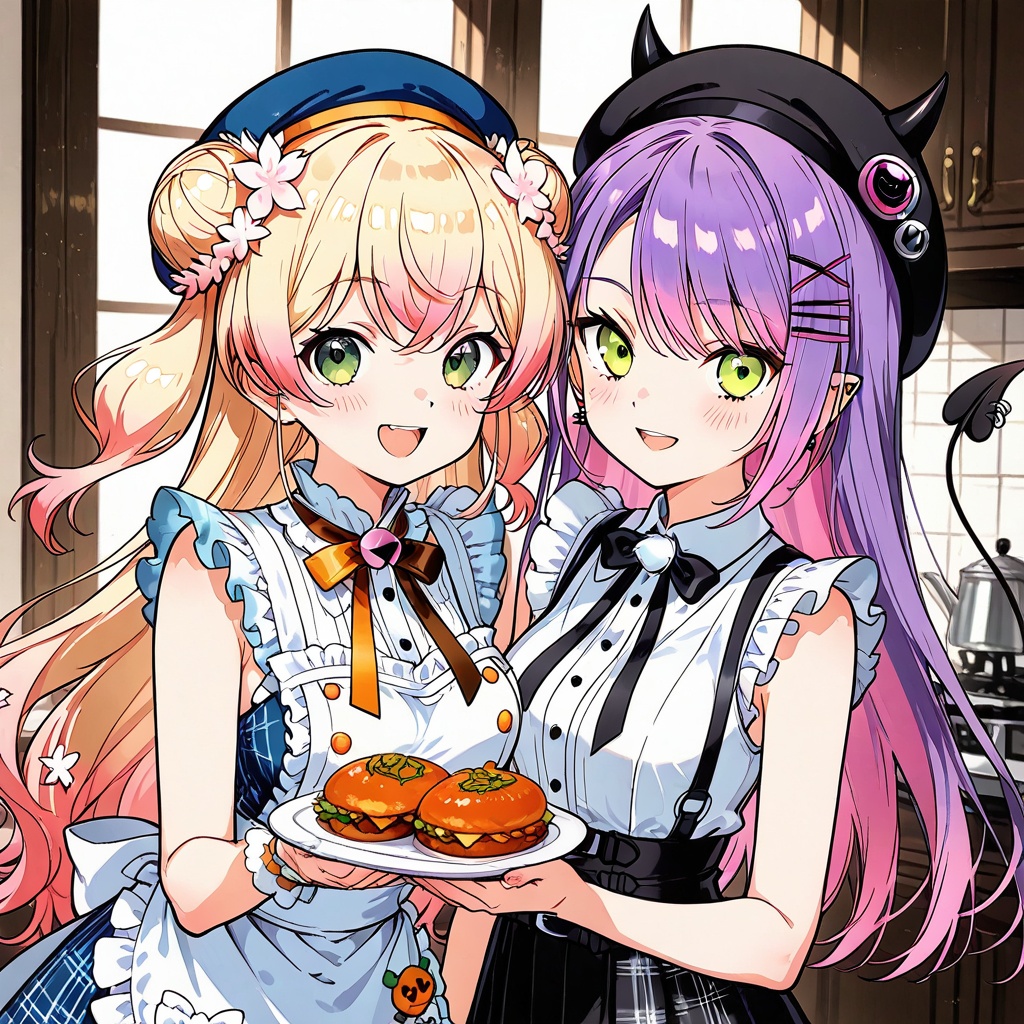 Melting,virtual youtuber, multiple girls, tokoyami towa, 2girls, green eyes, blonde hair, purple hair, long hair, hair ornament, momosuzu nene, hair bun, hat, smile, demon tail, food, looking at viewer, multicolored hair, pink hair, tail, hairclip, apron, horns, open mouth, cardigan, blush, gradient hair, bangs, breasts, flower, beret, hair flower, indoors, :d, ear piercing, two side up, skirt, piercing, short sleeves,(UHD),anatomically correct,accurate,textured skin,super detail,high details,award winning,best quality,high quality,retina,16k,HD,1080P,8k,