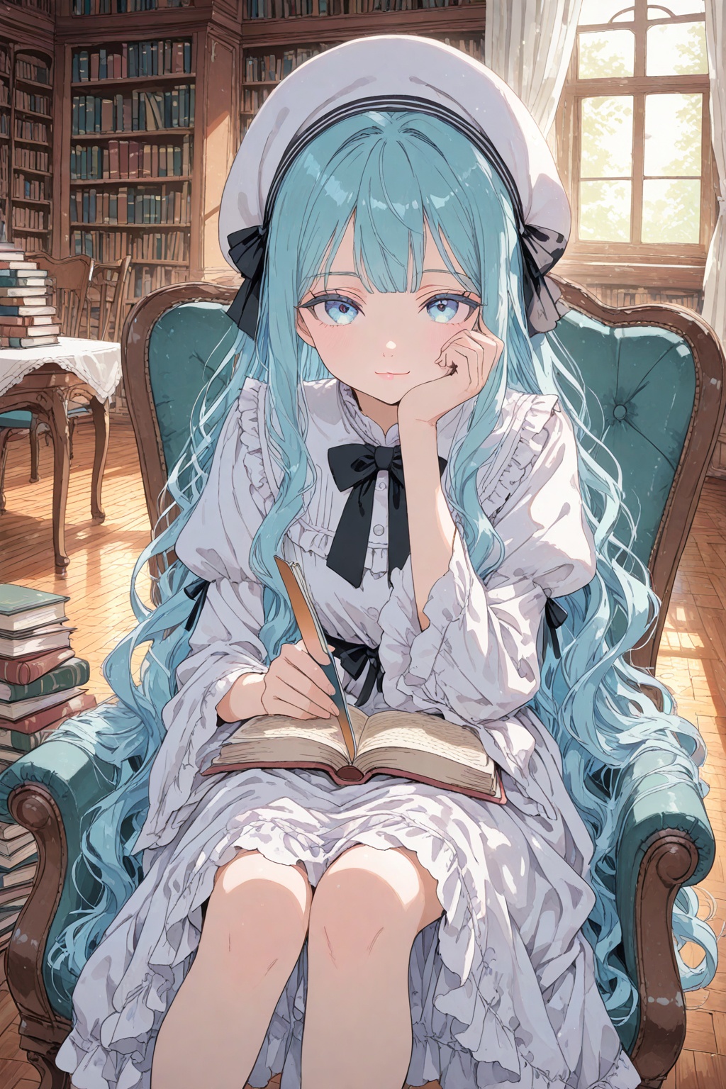 1girl,indoors,looking at viewer,frills,white dress,black bow,juliet sleeves,open book,closed mouth,bookshelf,curtains,book stack,long hair,chair,very long hair,wide sleeves,holding,sitting,frilled shirt collar,knees up,window,on chair,wooden floor,blue hair,black bowtie,solo,book,bow,head rest,tablecloth,armchair,long sleeves,feet out of frame,table,wavy hair,hand on own cheek,holding bookmark,pink lips,couch,day,light smile,sunlight,blue eyes,dress,library,puffy sleeves,bowtie,hand up,white headwear,masterpiece,best quality,highres,absurdres,watercolor \(medium\),