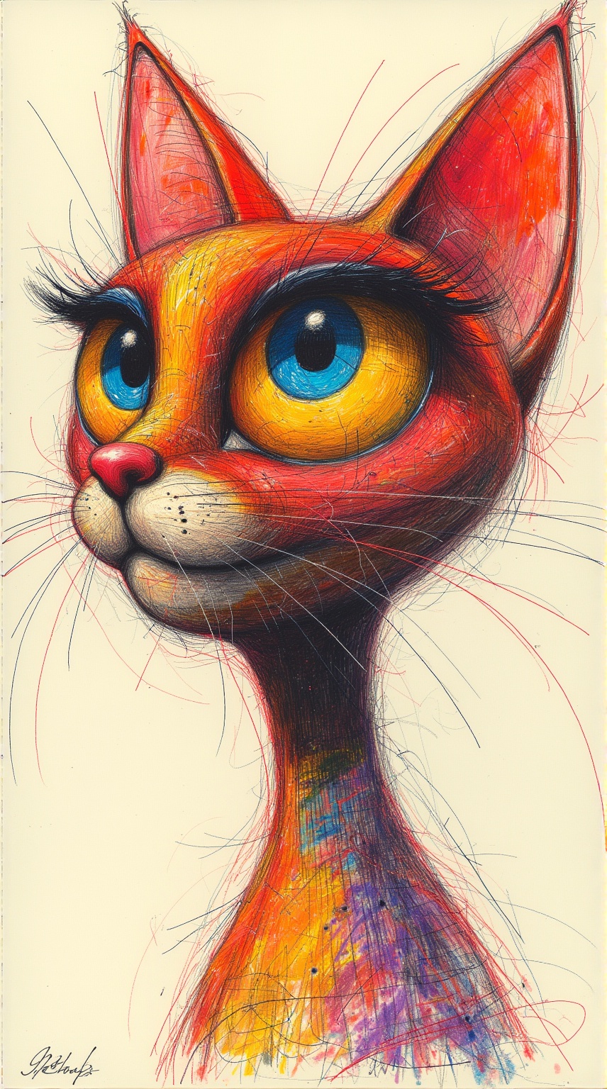 Ballpen_sketching,Vivid Expression: A Feline Portrait with a Pop of Color,