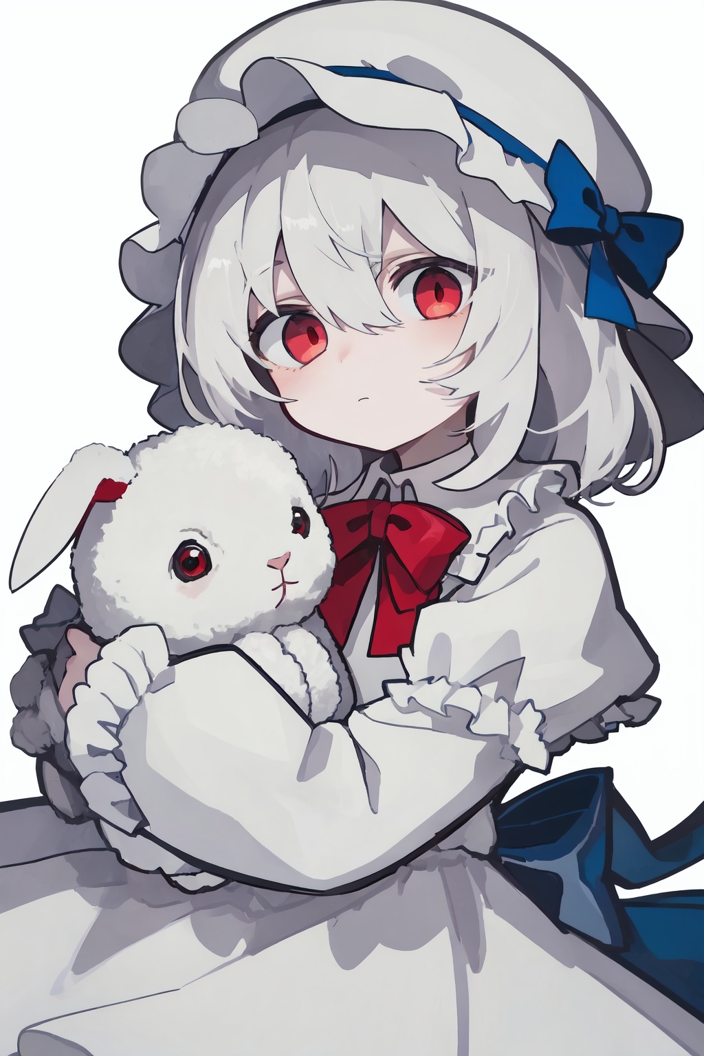 1girl,red eyes,solo,bow,white hair,rabbit,white background,looking at viewer,dress,hat,holding animal,holding,stuffed bunny,red bow,white headwear,holding stuffed toy,long sleeves,bangs,simple background,white dress,hair between eyes,frills,closed mouth,stuffed toy,mob cap,stuffed animal,blue bow,animal,albino,chibi,so-style,