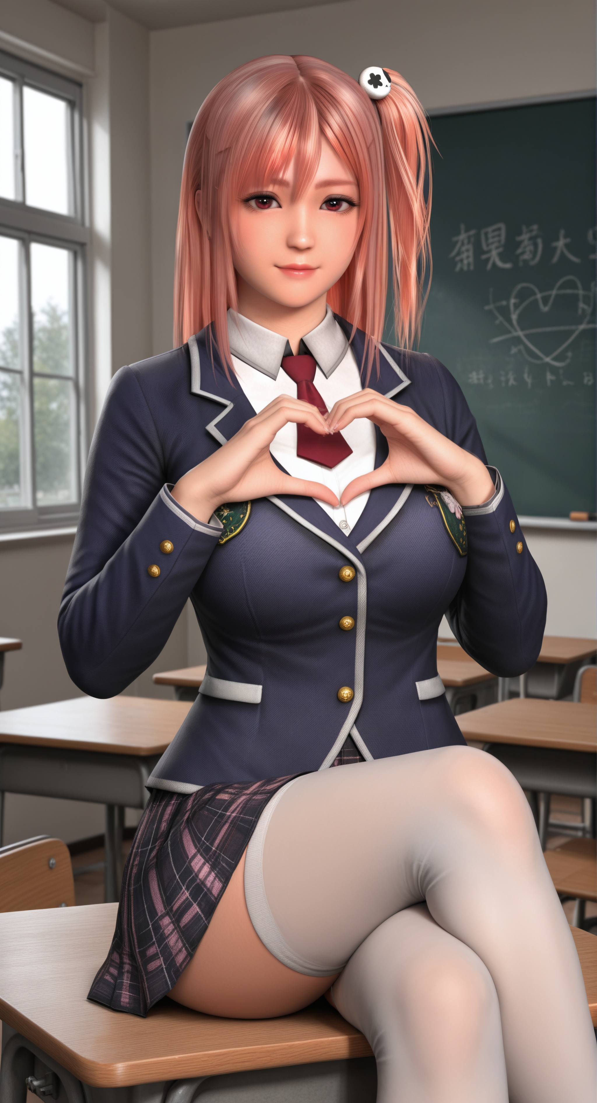 masterpiece,best quality,absurdres,highres,looking at viewer,front view,light blush,light smile,(glamor:1.1),narrow waist,<lora:Honoka (doa)_ill:0.85>,1girl,solo,1girl,solo,honoka \(doa\),pink hair,one side up,side ponytail,skull hair ornament,school uniform,white collared shirt,school blazer,red necktie,plaid skirt,zettai ryouiki,heart hands,sitting,crossed legs,on desk,rim light,Volumetric Lighting,Tyndall effect,Cinematic Lighting,fantasy,school desk,school,window,