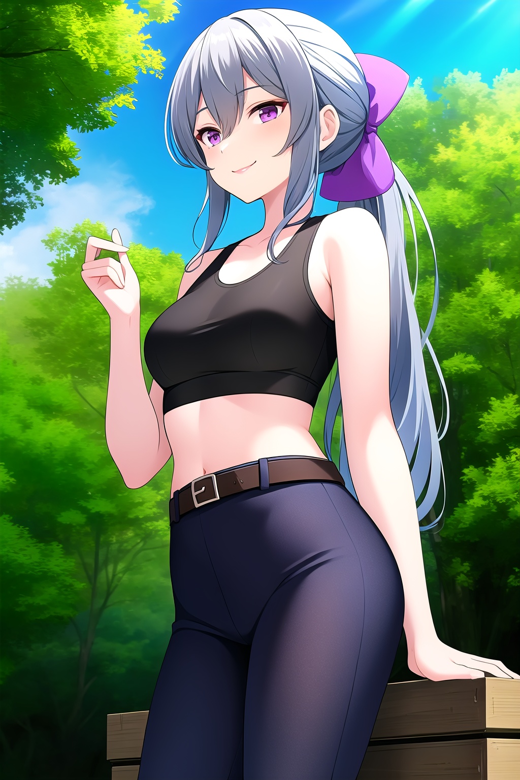 (masterpiece, best quality), highly detailed background, perfect lightingbest quality, shigetoakiho, solo, outdoors, nature, grey hair, low ponytail, purple bow, hair bow, hair between eyes, very long hair, purple eyes, medium breasts, black shirt, black **** top, bare shoulders, belt, camouflage pants, military uniform, smile, closed mouth, :), pink lips, <lora:Shigeto-Akiho:0.7>
