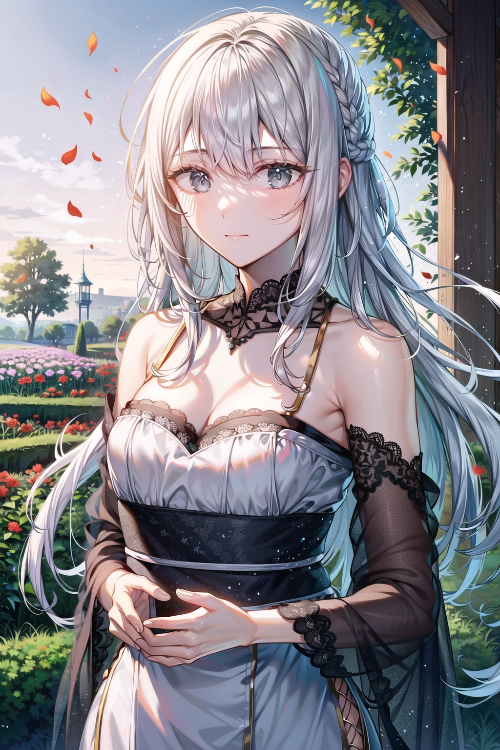 <lora:艺术家_sakura1:1>, lace,ribbon,hanfu,(masterpiece, sidelighting, finely detailed beautiful gray eyes: 1.2), masterpiece, realistic, glowing eyes,shiny hair,white hair,long long hair, lustrous skin, solo, embarassed,Strapless,exquisite,beautifly,garden,flowers,flying petals