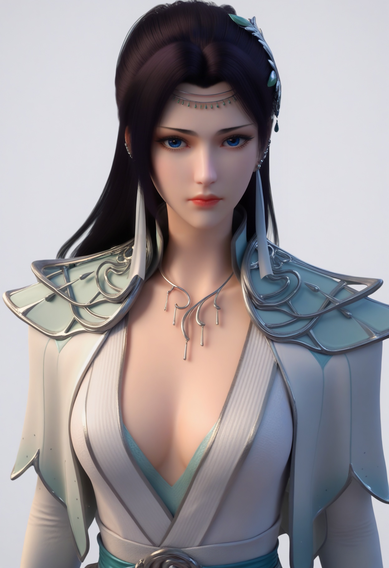 score_9,score_8_up,score_7_up,high detail,best quality,cinematic lighting,volumetric lighting,shiny skin,shiny,1girl,solo,white background,long hair,black hair,jewelry,earrings,closed mouth,simple background,dress,blue eyes,hair ornament,necklace,breasts,expressionless,tassel earrings,realistic,tassel,looking at viewer,thighs,<lora:yunyun:0.8>,<lora:Pony_DetailV2.0:0.8>,<lora:皮肤凹痕:0.1>,