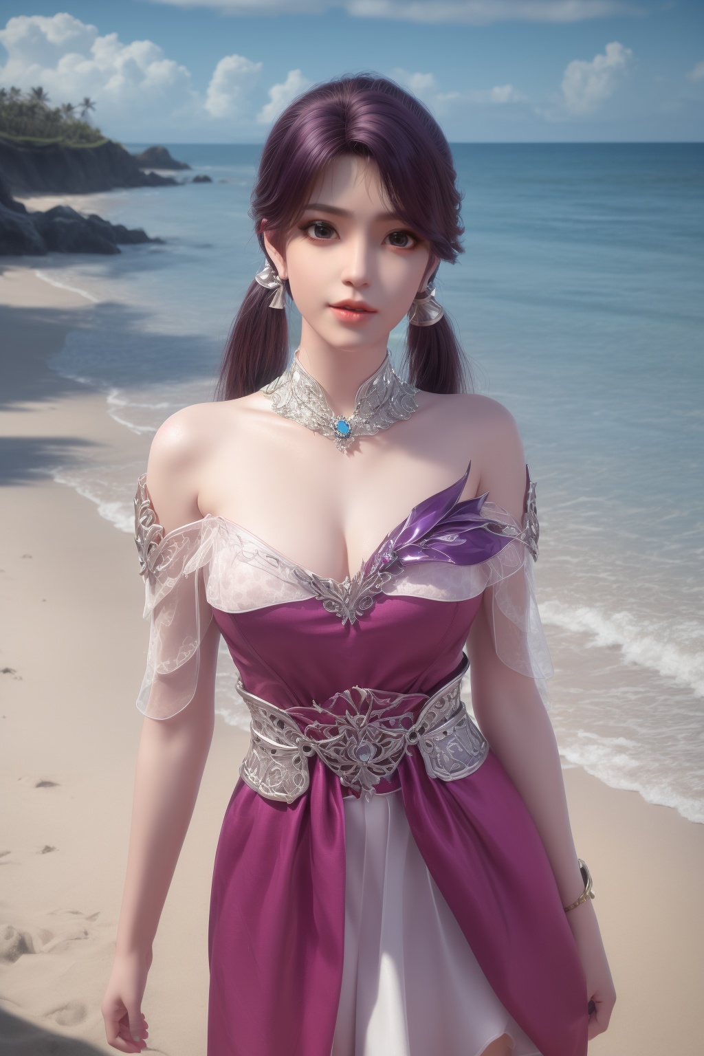 photo_\(medium\),(8k, RAW photo, best_quality),(masterpiece:1.2),(realistic:1.2),(photorealistic:1.3),(ultra-detailed),(extremely_detailed_cg_8k_wallpaper),(crystal_texture_skin:1.3),(shiny:1.2),(shiny_skin:1.4),(extremely_delicate_and_beautiful),shenfengLingLuoChen,1girl,solo,armor,purple dress,detached collar,skirt,torogao,bare shoulders,twintails,standing,jewelry,hair ornament,lips,earrings,necklace,realistic,looking at viewer,Summer,Beach,Sea,sunshine,<lora:shenfengLuoYan_20240514203344-000005:0.7>,