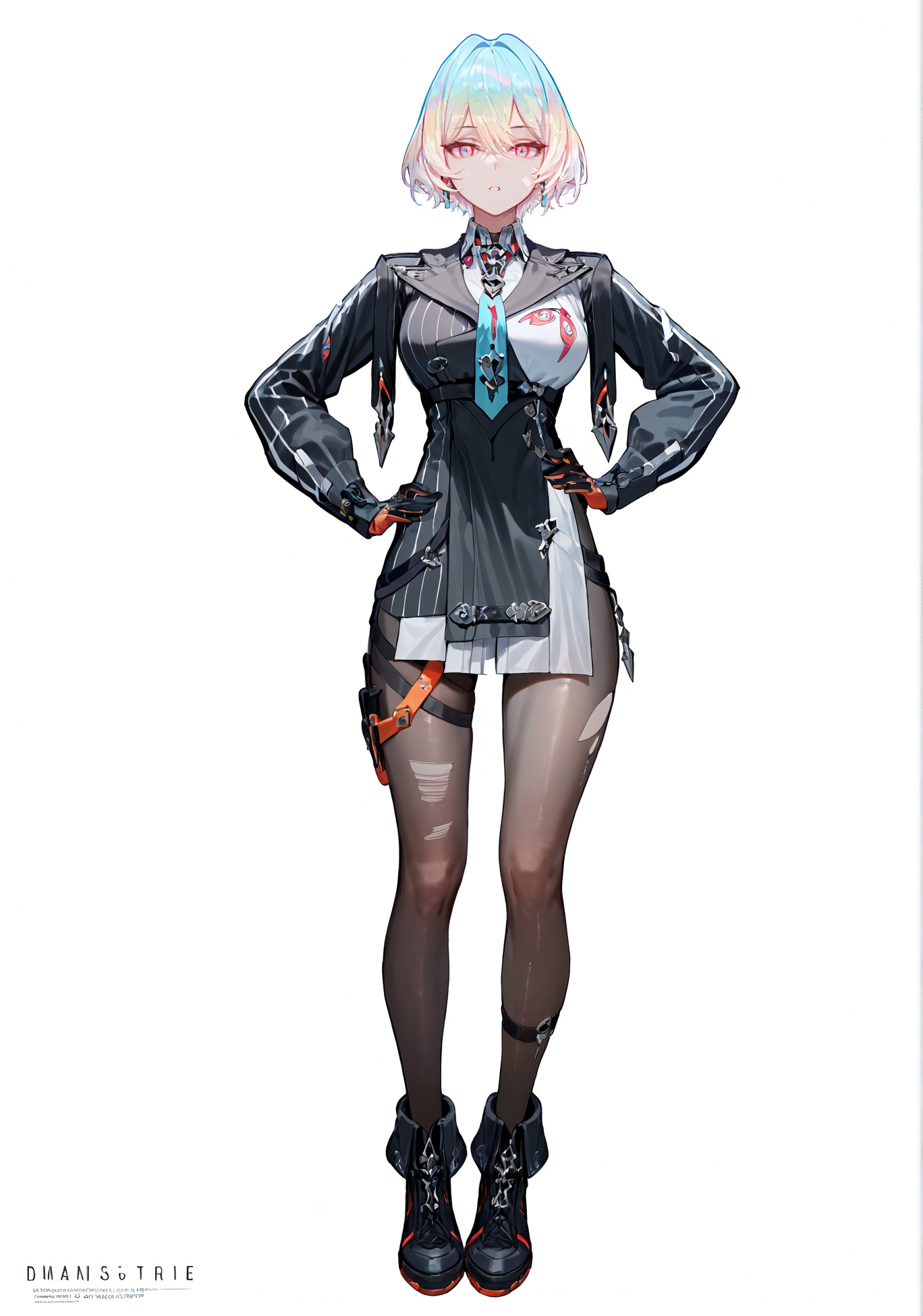 score_9, score_8_up, score_7_up, score_6_up, 8k, 8k, best quality, masterpiece, (ultra-detailed:1.1), (high detailed skin), (full body), ( white background:1.3), standing, looking at viewer, (solo), hand on hip, <lora:Lantern-pony-Tanger:0.8>, dengsfl, def clothes, multicolored hair, 1girl, multicolored eyes, necktie, gloves, pantyhose, black footwear, (beautiful_face), ((intricate_detail)), clear face, ((finely_detailed)), fine_fabric_emphasis, ((glossy)), full_shot, 