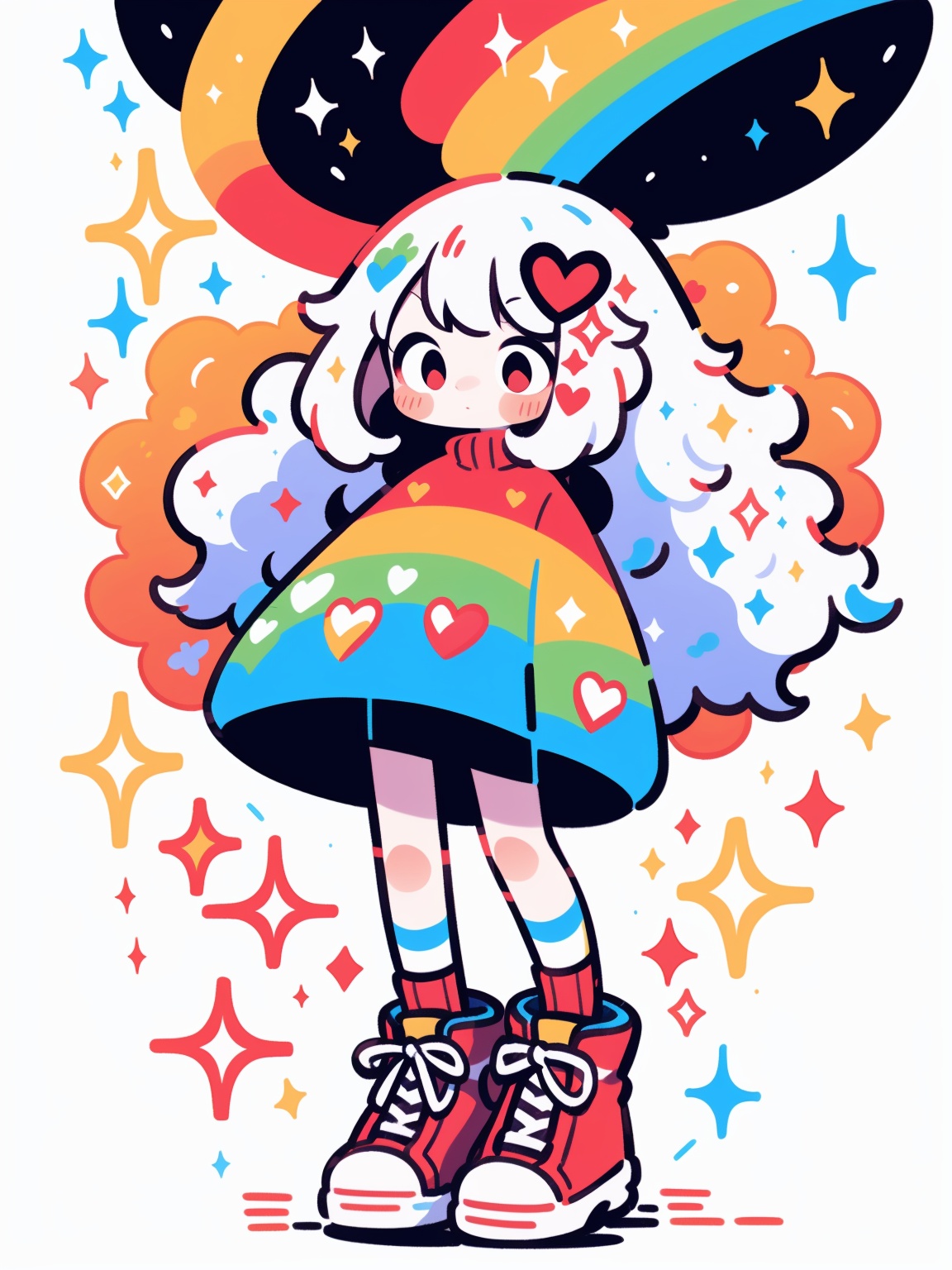 HTTP, 1girl, solo, long hair, multicolored clothes, hair ornament, sparkle, white hair, shoes, white background, heart hair ornament, full body, long sleeves, striped, red footwear, blush, socks <lora:HTTP_20231126194709-000006:1>