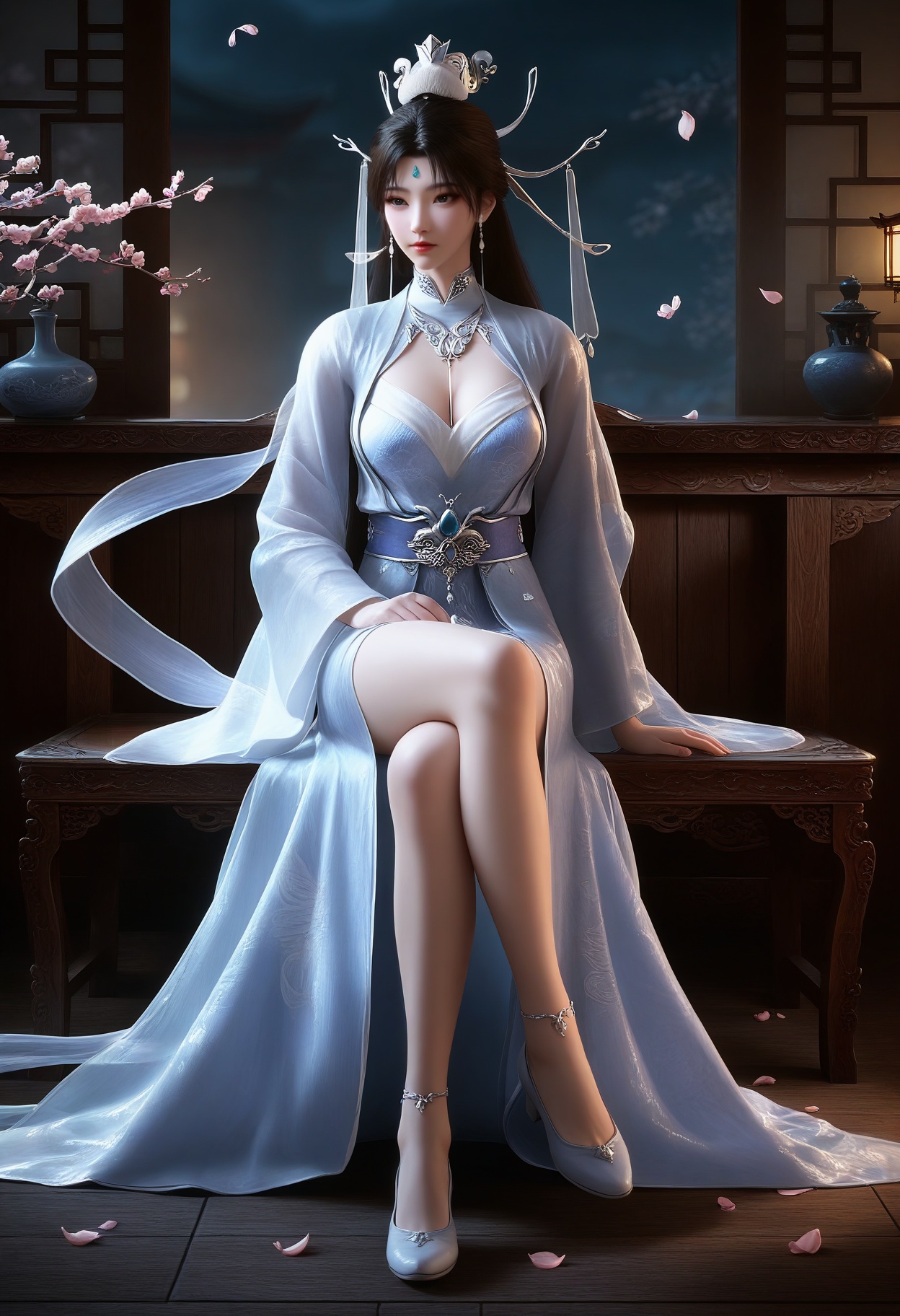masterpiece,best quality,amazing quality,very aesthetic,high resolution,ultra-detailed,absurdres,scenery,photorealistic,(looking at viewer:1.1),(Dark room:1.3),(moody lighting:1.1),peach blossom,falling petals,(large breasts:0.8),chuyue,1girl,solo,black eyes,black hair,long hair,earrings,jewelry,dress,white dress,hair ornament,chinese clothes,forehead mark,hair bun,expressionless,closed mouth,long sleeves,shawl,shoes,sitting,(crossed legs:1.3) BREAK photorealistic details,<lora:QQSillchuyueV1:0.8>,