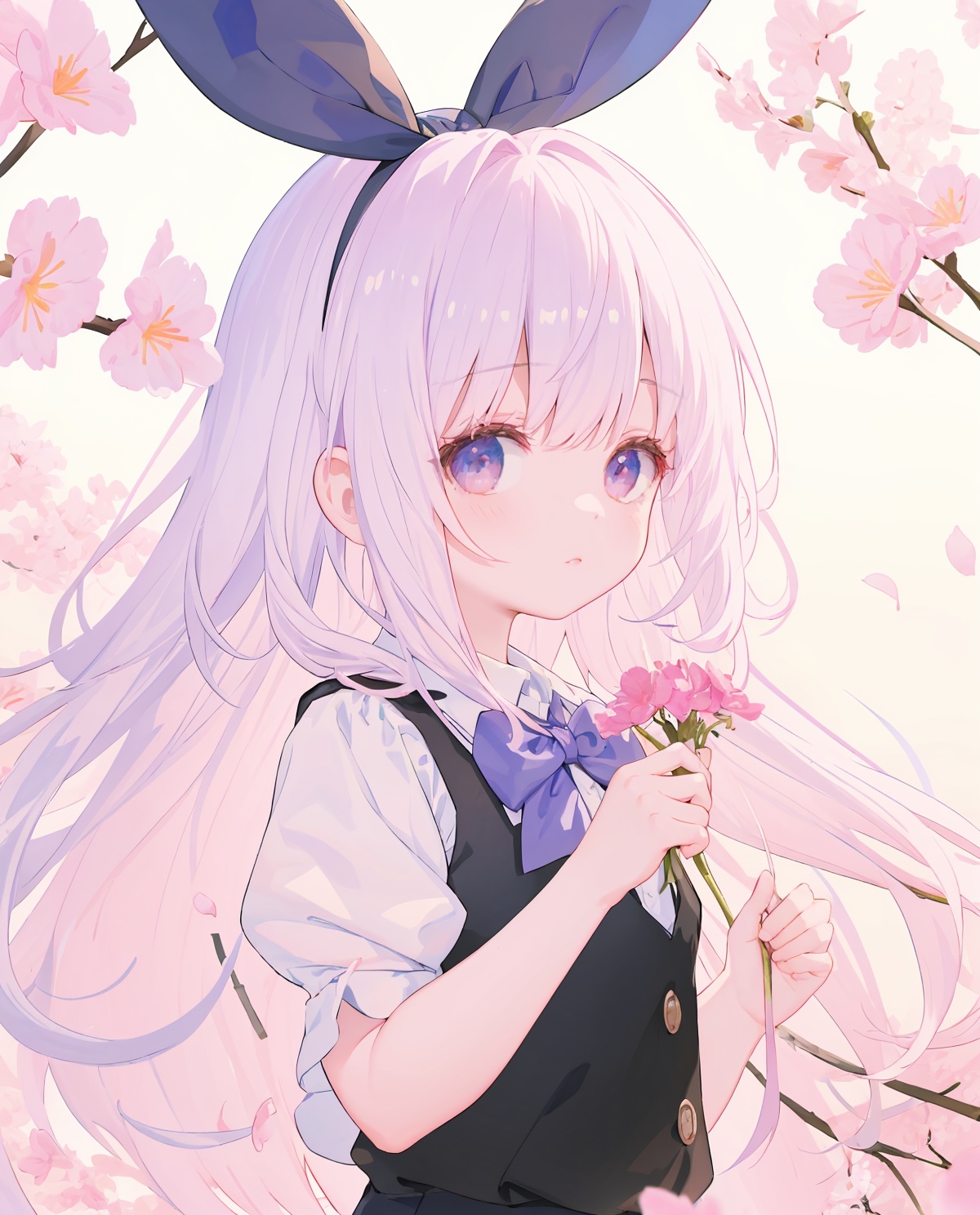 masterpiece, best quality, highres,(child),1girl,  solo, short hair, bow, bowtie, shirt, short sleeves, cherry blossoms, vest, upper body, white shirt, hairband, green vest,  looking at viewer, green eyes, white hair, bangs, closed mouth, ribbon, holding petal, flower, hair ribbon, collared shirt, hitodama, black ribbon, hand up, petals, puffy short sleeves, puffy sleeves, breasts, pink flower,(child), [from side] <lora:云雀art_v1:0.8> <lora:color:0.6>
