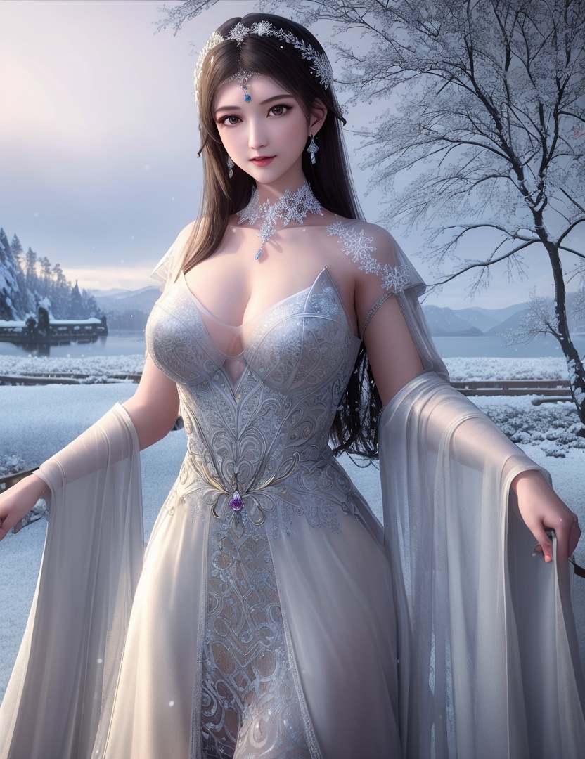 ultra realistic 8k cg, flawless, clean, masterpiece, professional artwork, famous artwork, cinematic lighting, cinematic bloom, perfect face, beautiful face, fantasy, dreamlike, unreal, science fiction,   lace, lace trim, lace-trimmed legwear, luxury, jewelry, diamond, gold, pearl, gem, sapphire, ruby, emerald, intricate detail, delicate pattern, charming, alluring, seductive, erotic, enchanting, hair ornament, necklace, earrings, bracelet, armlet,halo,autumn,((,1girl, pov,best quality, ))  , ((((1girl, solo,outdoors, large breasts,,snowflakes,  snow, snowing,   ))))    <lora:DA_BaiCai:0.7>