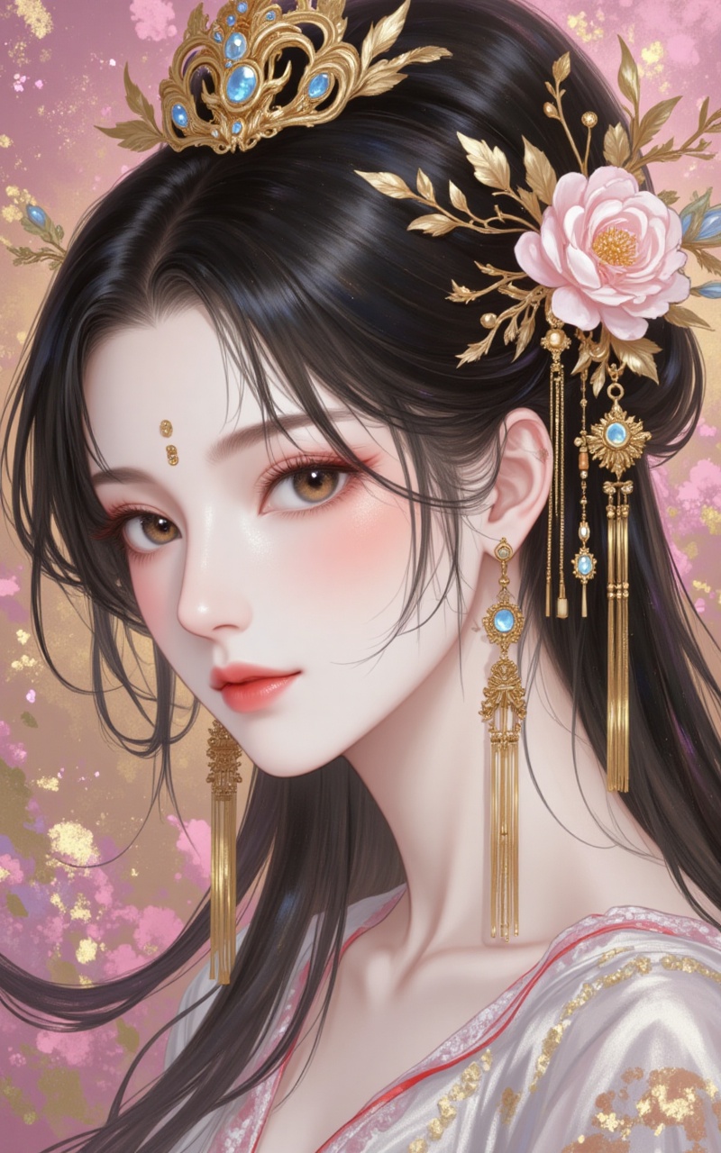 jinbo,lvjing,baoshi,1girl,hair ornament,black hair,long hair,jewelry,earrings,flower,hair flower,cover,gradient background,close-up details,outstanding style,adding a touch of dimension to your images without compromising details,close-up,