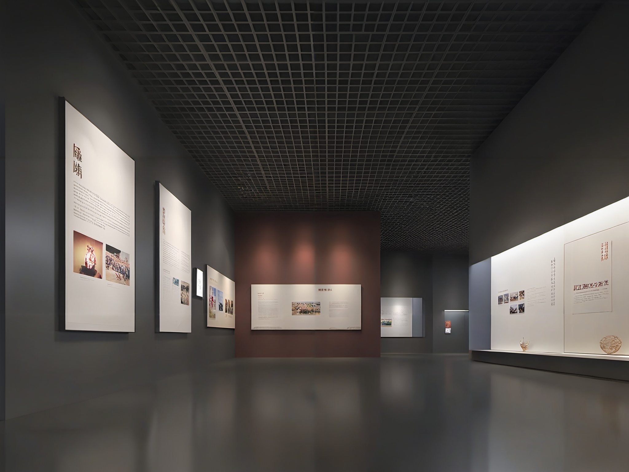 BOWUGUANkongjian,Grey metal mesh ceiling, dark wall, dark floor, square panels, dark space, masterpiece,High quality,4K,professional lighting,VRAY rendering