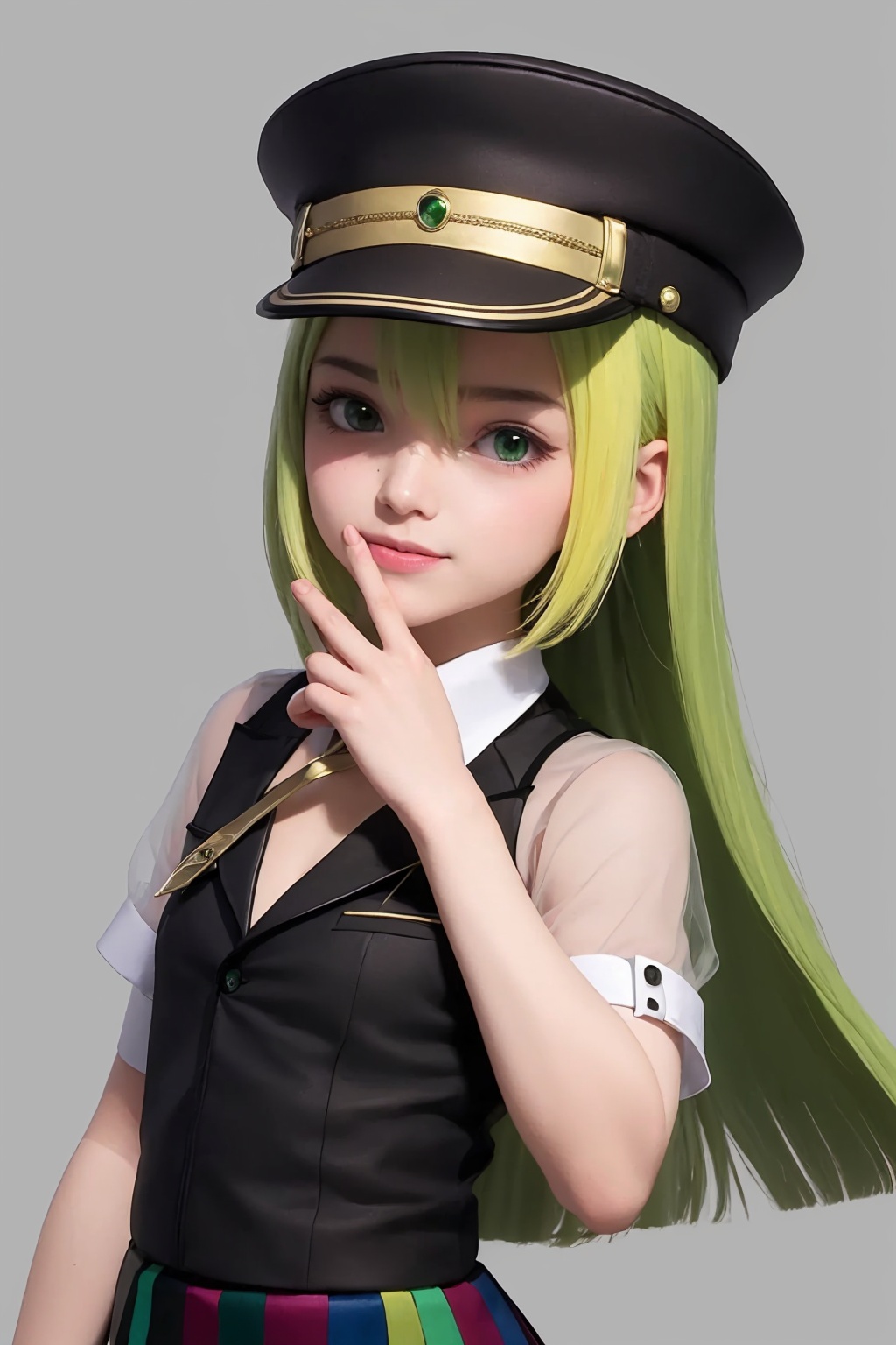 masterpiece,best quality, highly detailed, alina gray,1girl,solo,sidelocks,blunt ends,blush,looking at viewer,smile,black necktie,black vest,sleeve cuffs,white sleeves,lapels,black headwear,puffy short sleeves,pleated skirt,v-neck,magical girl,brooch,see-through sleeves,peaked cap,green gemstone,white collar,cross tie,detached collar<lora:alina_gray:1>,simple background,white background