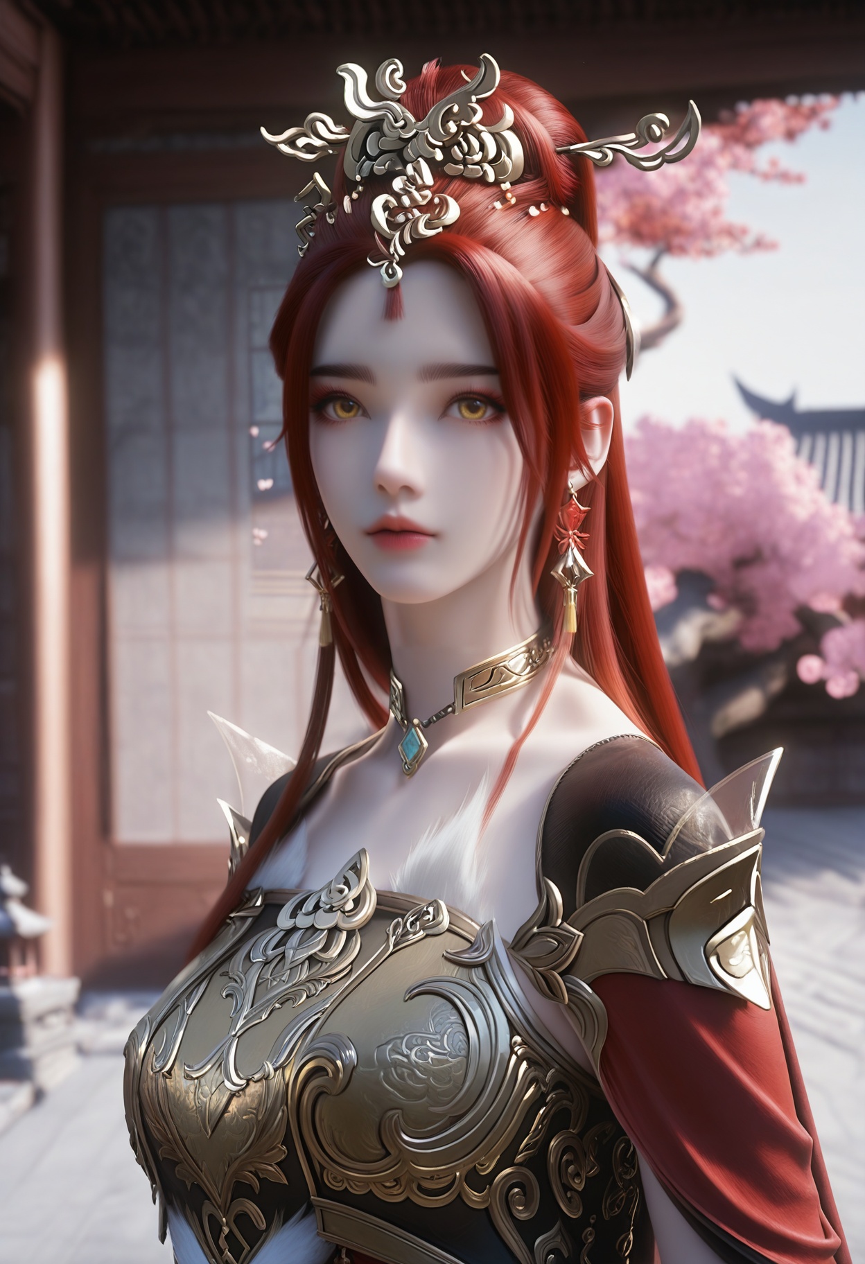 Manzhu_shahua,1girl,jewelry,red hair,earrings,long hair,hair ornament,blurry background,yellow eyes,bracelet,necklace,<lora:Manzhu_shahua_10_illu-000004:0.75>,red dress,cape,chinese clothes,armor,photorealistic,hyperrealistic,<lora:realistic filter [IL]:1>,(pale skin:1.2),looking at viewer,standing,(upper body:1.2),close up,head shot,lantern,open window,looking at viewer,indoors,mountains,blossoms,flowers,east asian architecture,beautiful sunrise,warm ambient temperature,