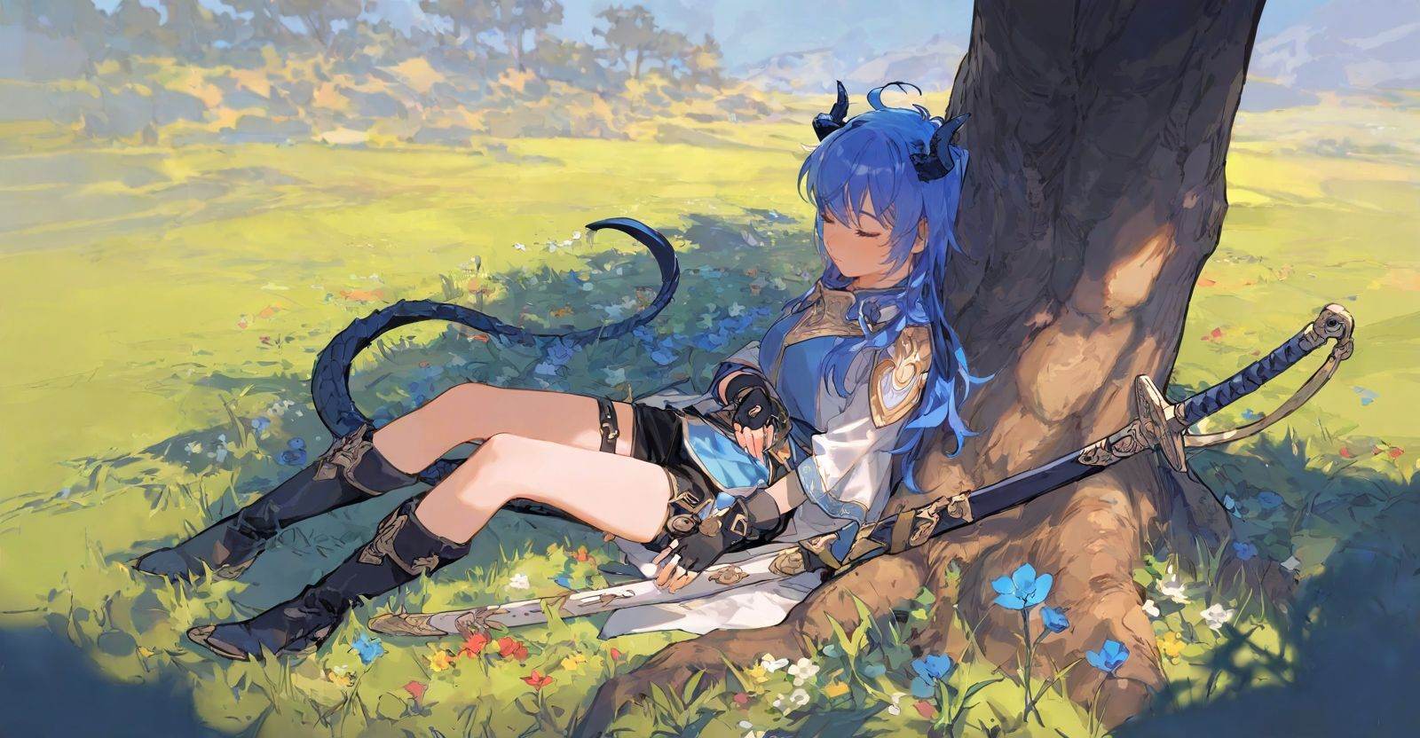 highres,extremely detailed 8k wallpaper,illustration,depth of field,great quality,masterpiece,best quality,amazing quality,very aesthetic,absurdres,Japanese fantasy style,artist:ciloranko BREAK<lora:Japanese fantasy style:0.8>, -1girl, blue hair, solo, sitting, tail, horns, weapon, tree, closed eyes, grass, outdoors, gloves, flower, dragon tail, ahoge, against tree, shorts, sleeping, long hair, fingerless gloves, dragon horns, sword, boots, sheath, sheathed, dragon girl
