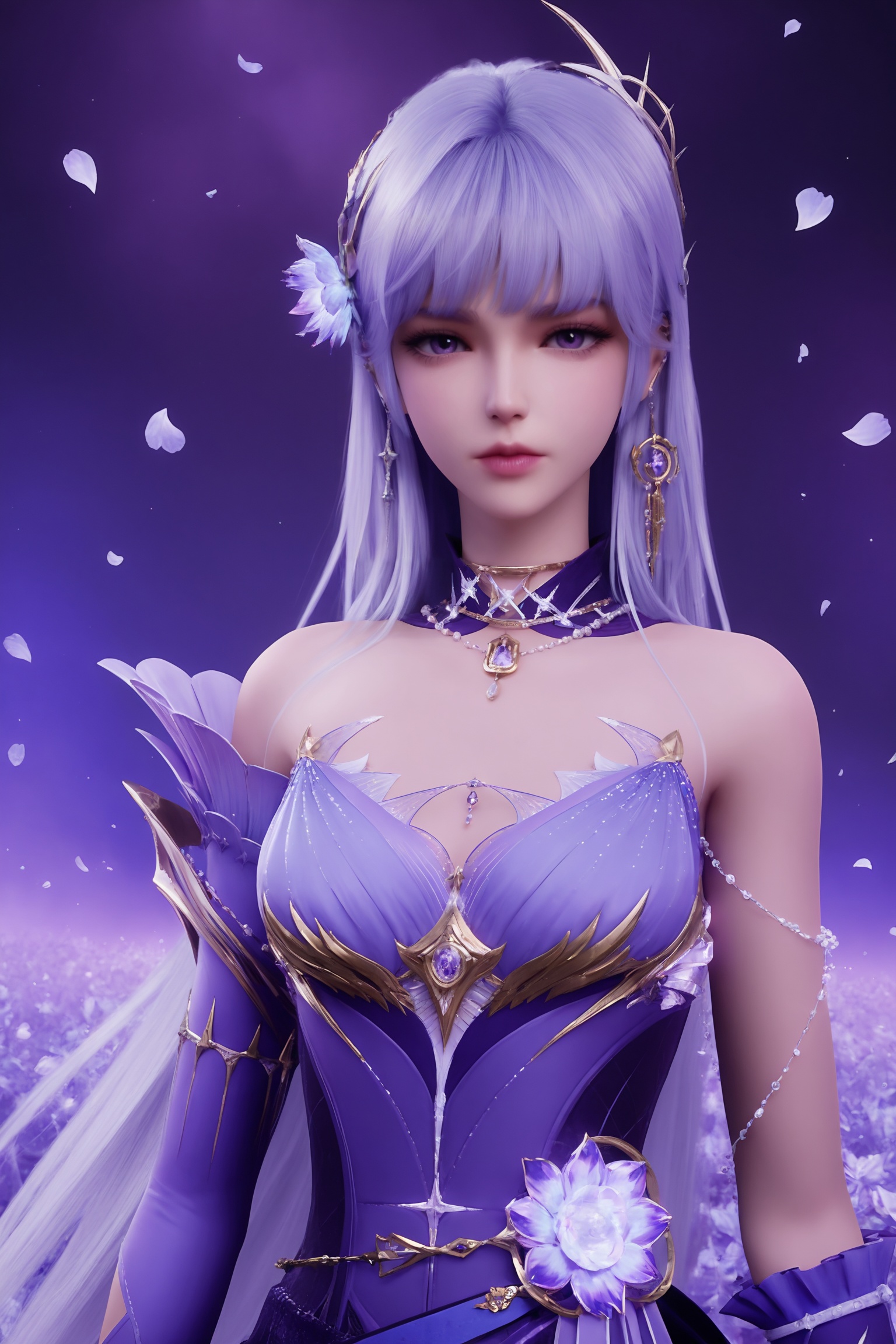 1girl,solo,upper body,looking at viewer,petals,falling petals,masterpiece,best quality,absurdres,highres,amazing quality,very aesthetic,newest,absurdres,highres,highly detailed,very aesthetic,<lora:神印王座-圣采儿ILL:0.7>,long flowing lavender hair adorned with a delicate flower and a golden headpiece.mysterious purple eyes,delicate eyeliner and a hint of mascara,a stunning,intricate,purple dress with a deep V-neckline and a corseted bodice.,
