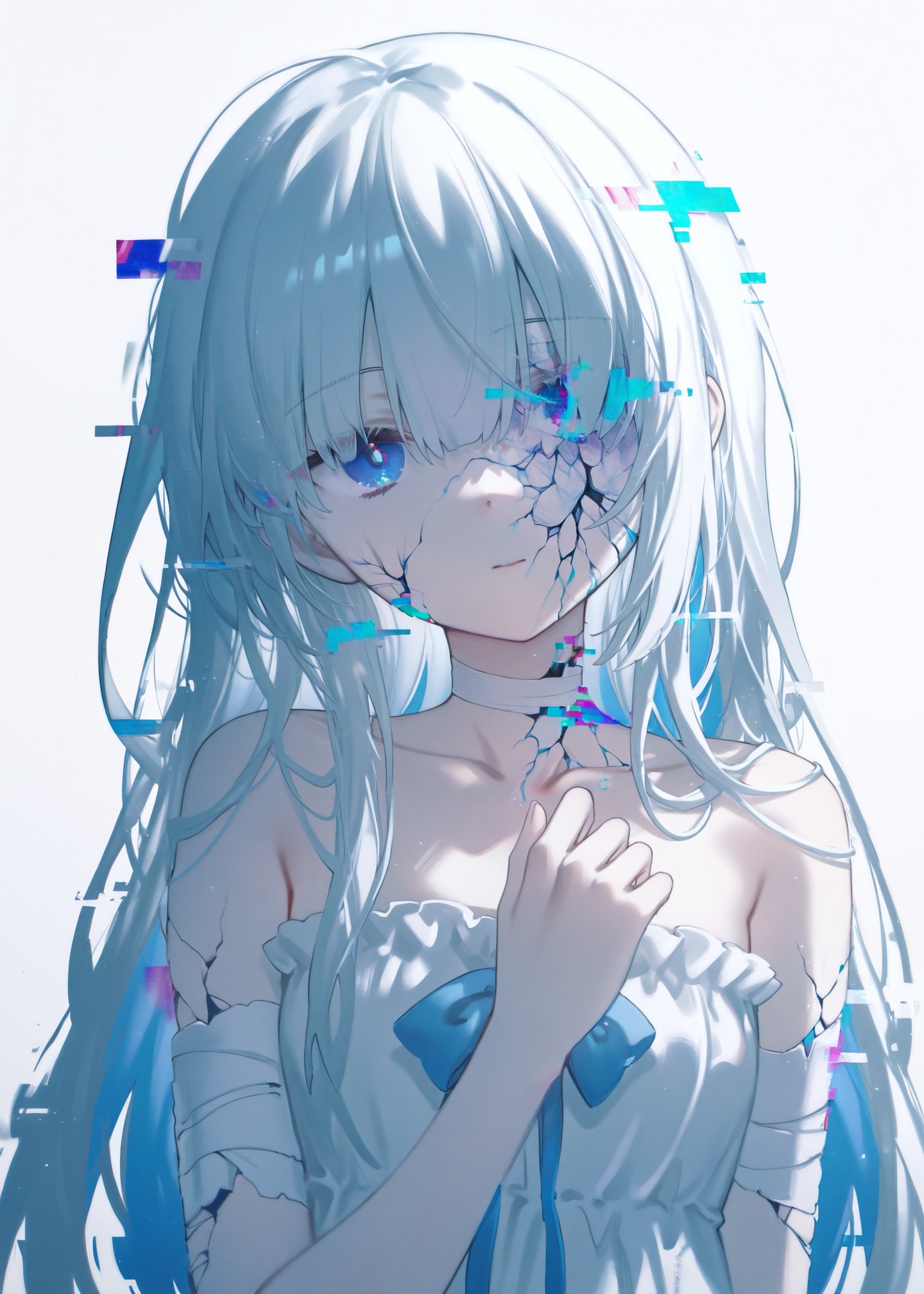 masterpiece,absurdres,best quality,petite,high quality,//,1girl,solo,bandages,bandaged arm,long hair,glitch,blue eyes,looking at viewer,dress,colored inner hair,collarbone,closed mouth,white hair,blue theme,frilled dress,cracked skin,white background,bow,frills,upper body,white dress,head tilt,hand up,multicolored hair,blue hair,expressionless,crack,simple background,one eye covered,bare shoulders,blue bow,straight hair,hair behind ear,straight-on,strapless dress,//,<lora:konya_karasue2——【CKXL】hans:0.85>,