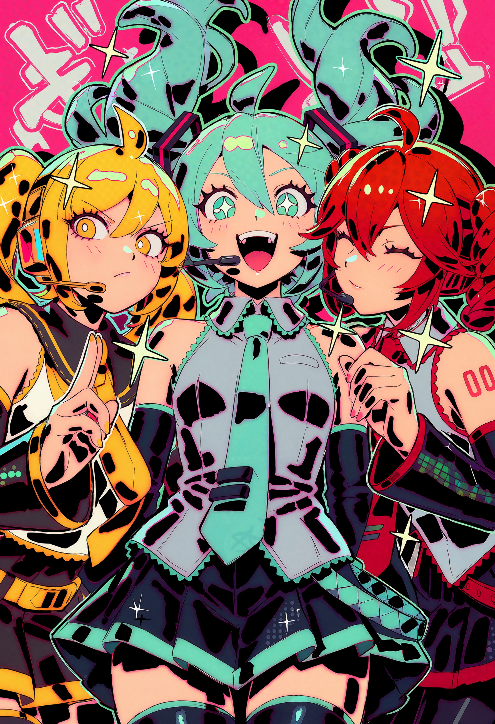 in the style of datcravat,  A vibrant graphic pop illustration of three stylized anime girls posed side-by-side in a tight...