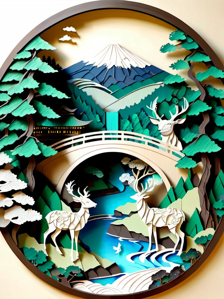 Origami art, round picture frame, there is a high mountain and flowing water, waterfall and stream, white deer, pine trees, pavilions, excellent works, master works, the highest quality.