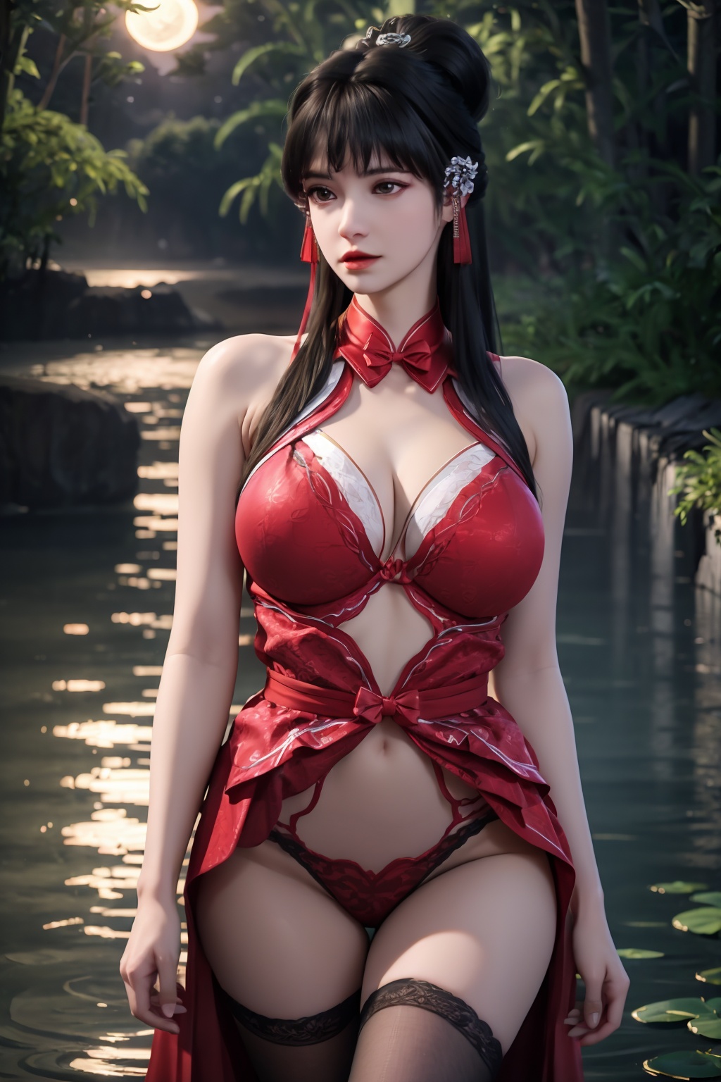 standing,flower,full_moon,moon,night,lily_pad,lotus,moonlight,nipples,water,night_sky,lily_\(flower\),sky,partially_submerged,1girl,solo,hair ornament,long hair,realistic,nail polish,photo_\(medium\),(huge breasts, cleavage),makeup,(8k, RAW photo, best quality, masterpiece:1.2),(realistic, photorealistic:1.3),ultra-detailed,extremely detailed cg 8k wallpaper,(crystalstexture skin:1.2),extremely delicate and beautiful,(sexy pose:1.2),wearing edgHL,see-through,thighhighs,sexy lingerie,(huge breasts:1.2),silk,thin transparent silk,torn pantyhose,