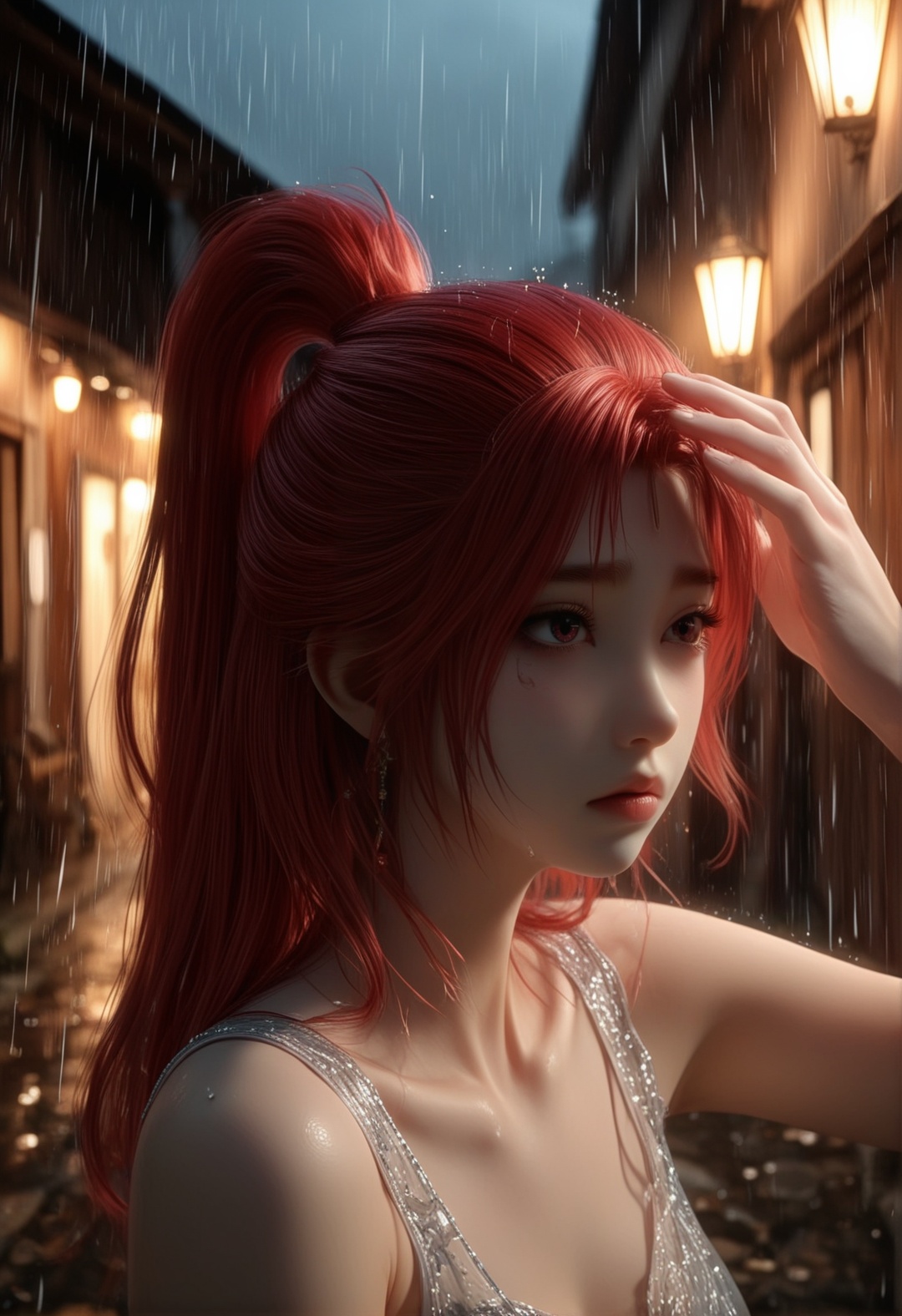 masterpiece,best quality,amazing quality,high resolution,ultra-detailed,absurdres,(looking at viewer:1.1),upper body,(moody lighting:1.1),1girl,solo,long hair,makeup,BREAKcollarbone,sheer overlay,bare shoulders,jewelry BREAK photorealistic details,facepalm,shy,blush,sad,tears,streaming_tears,teardrop,rain,the rain hit the face,<lora:火允儿gh:0.7>,high ponytail,red hair,