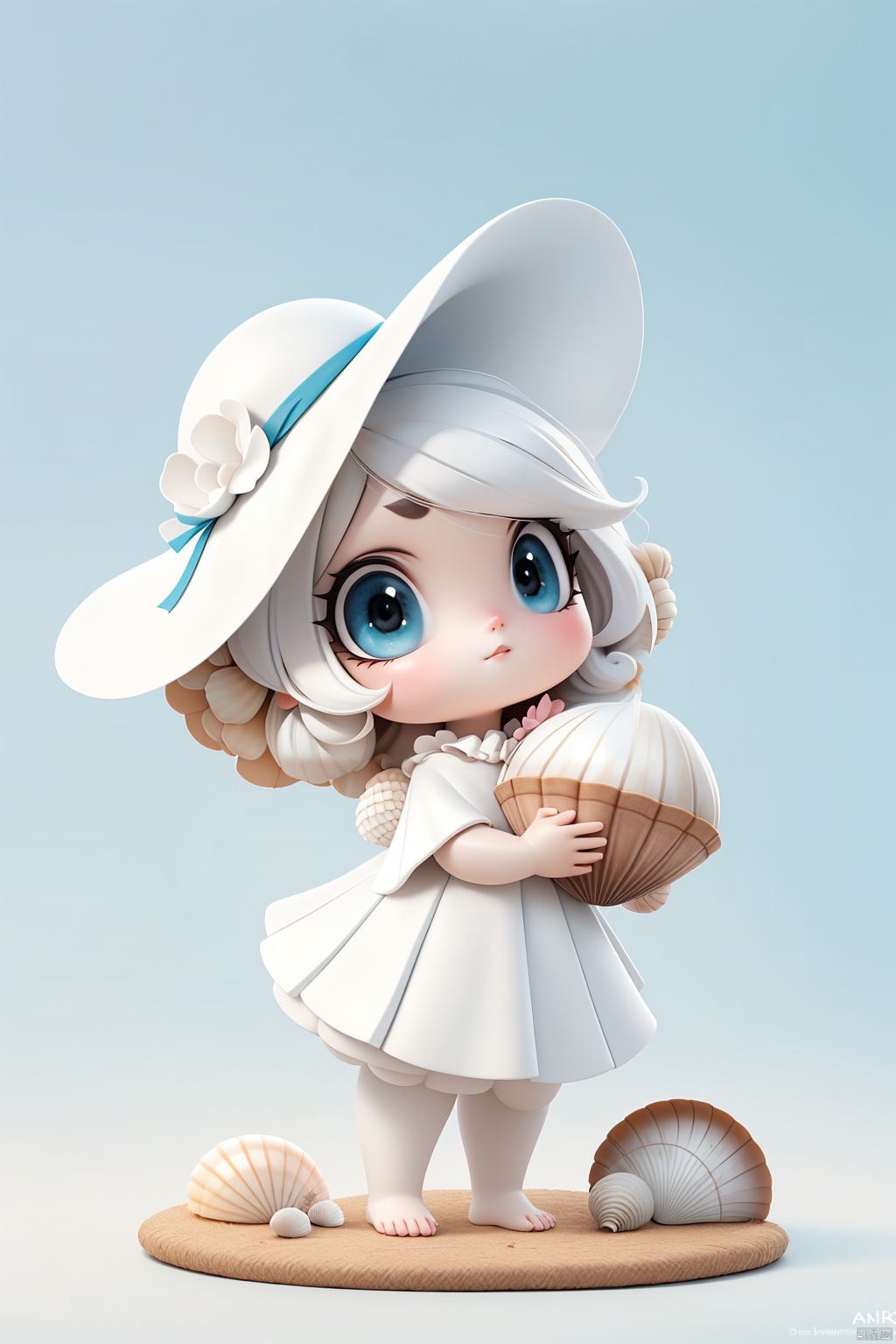 (masterpiece), (best quality), Exquisite visuals, high-definition, (ultra detailed), finely detail, ((solo)), (white Silver hair), (gradient Blue), (beautiful detailed eyes), Kawai, loveliness,standing, ((full body)),a shell with short white hair, anthropomorphic shells, wearing a white shell outfit . (((Shell clothes：1.8, and hats))).The environment is next to the beach, with coconut trees and many seashells on the beach